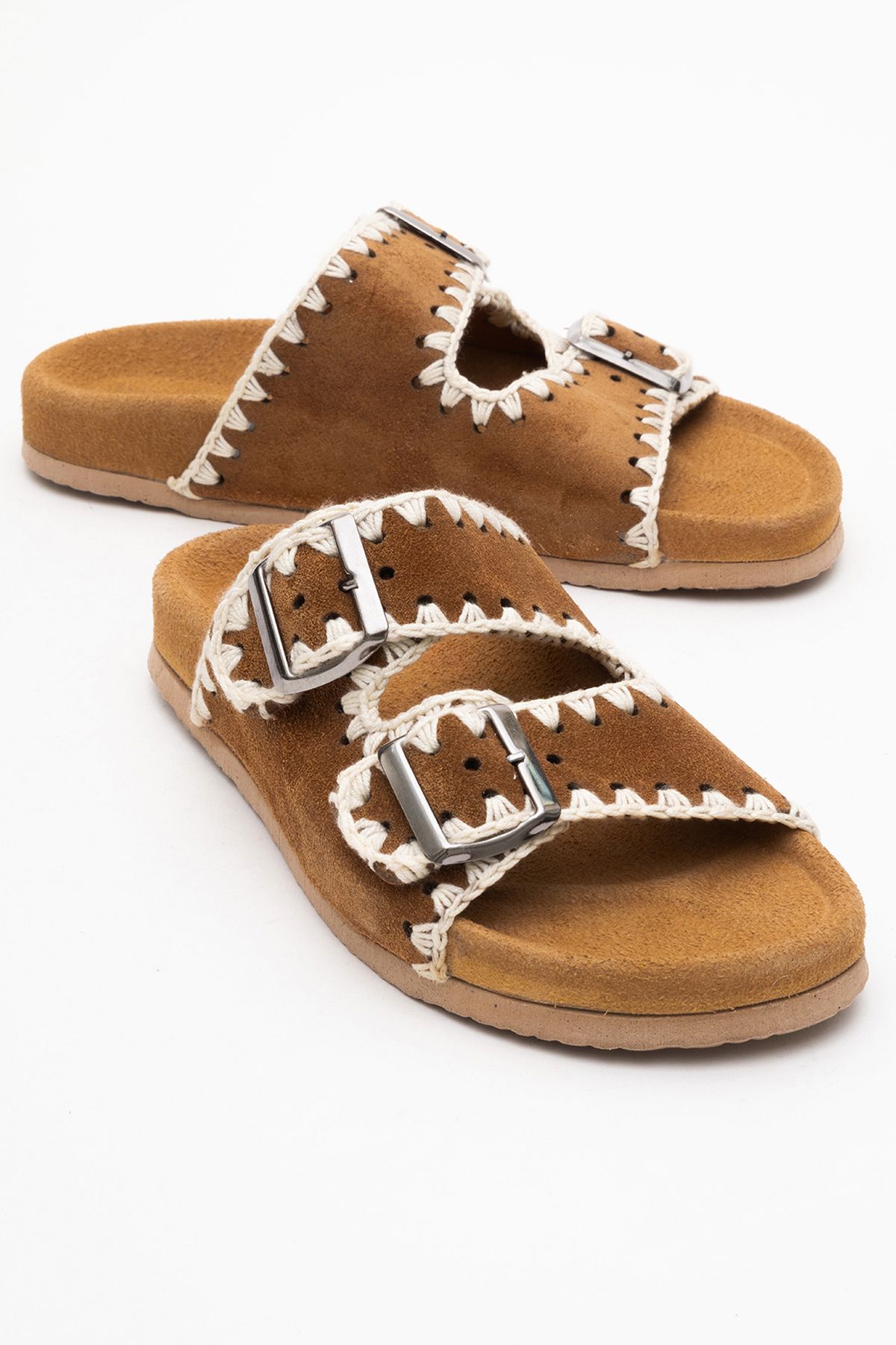 Dericlub-Dericlub Women's Drawstring Double Strap Casual Slippers Real Suede Leather Zy 7900 Taba 2