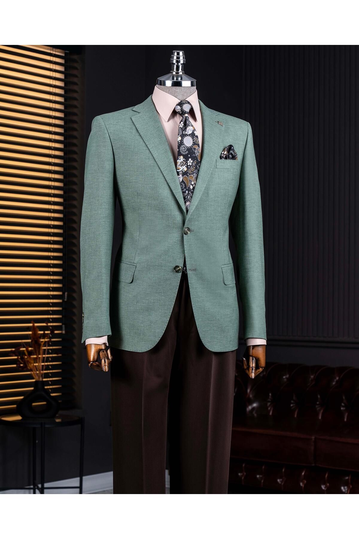 TerziAdemAltun İtalyan stil slim fit mono yaka erkek tek ceket haki T14305