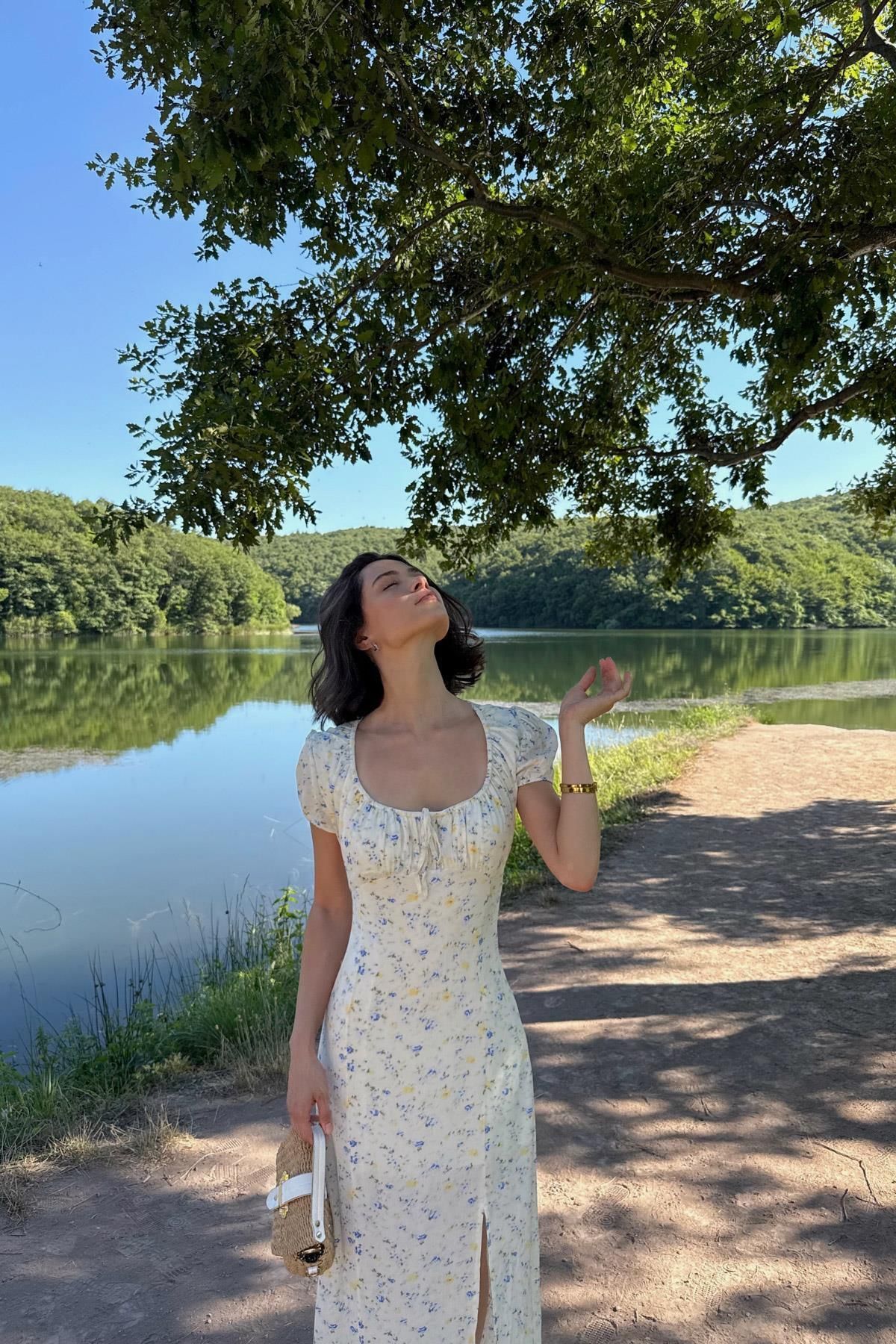 mylove Çıtır Desenli Krinkıl Elbise Ekru