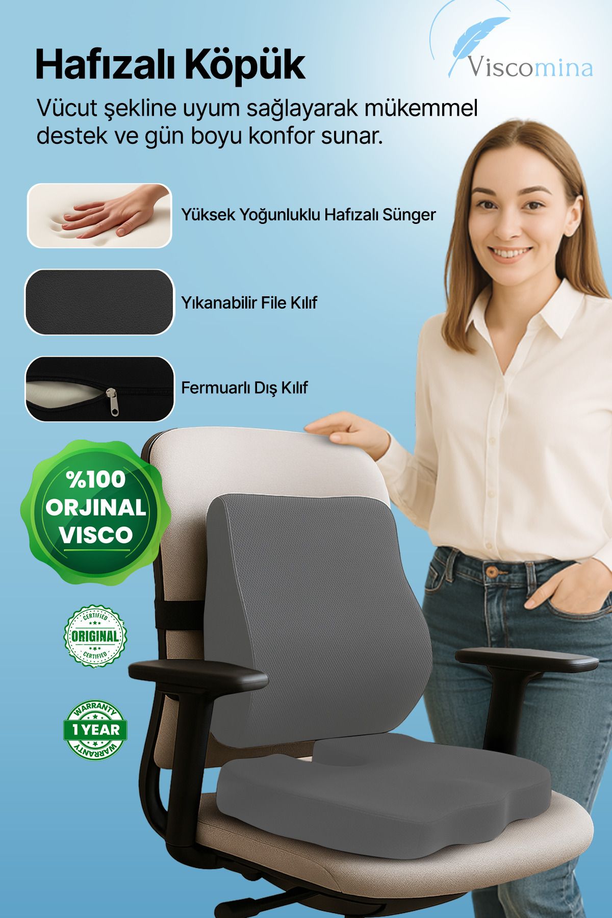 teknotrust Yüksek konforlu 2'li bel ve oturma yastığı seti, ergonomik ve visco malzeme ile