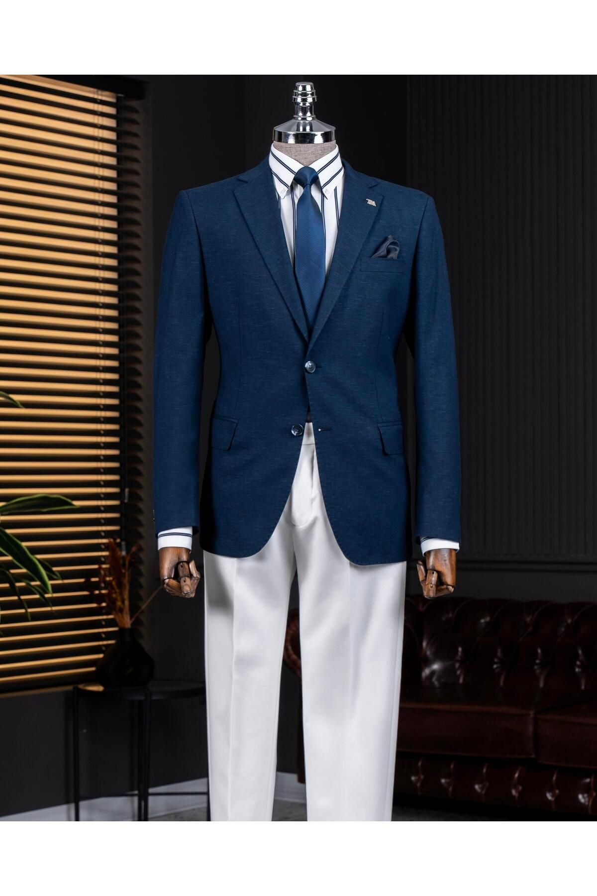 TerziAdemAltun İtalyan stil slim fit mono yaka erkek tek ceket lacivert T14306