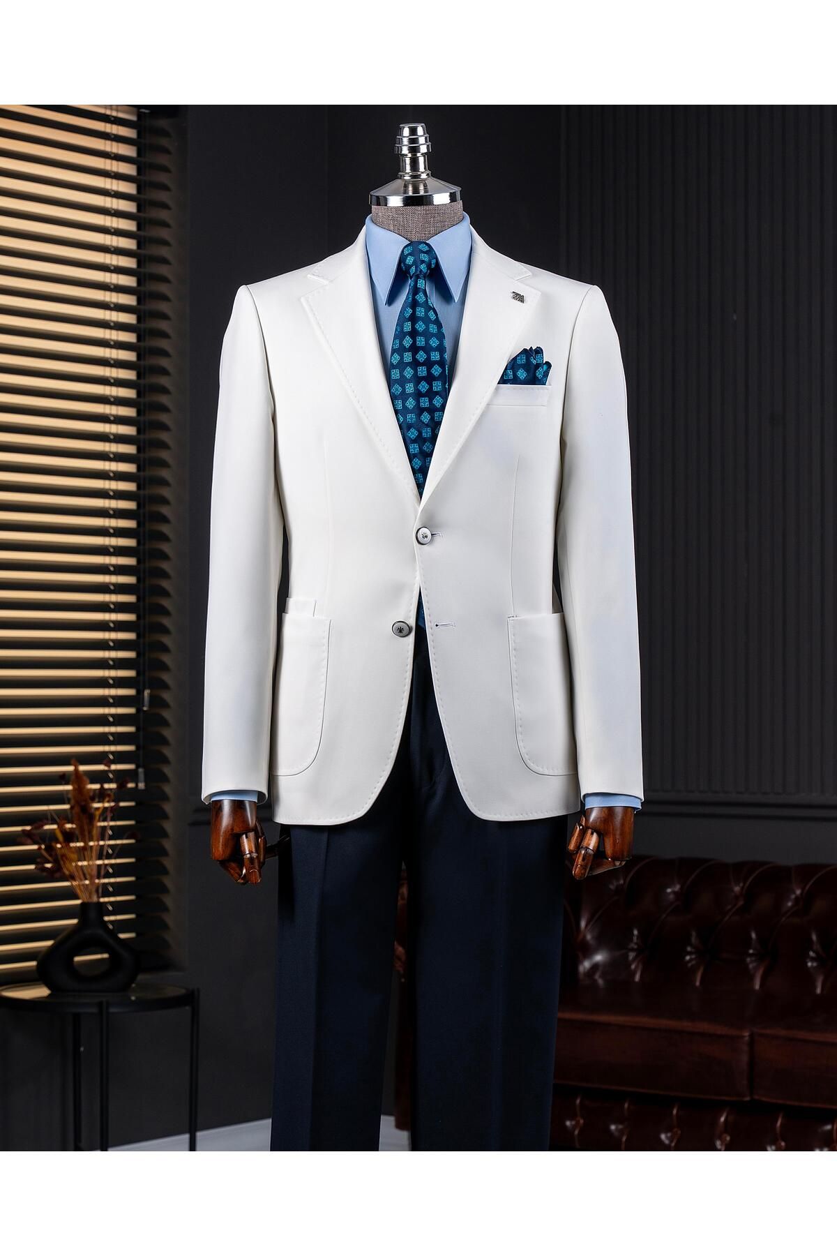 TerziAdemAltun İtalyan stil slim fit mono yaka erkek tek ceket ekru T14373