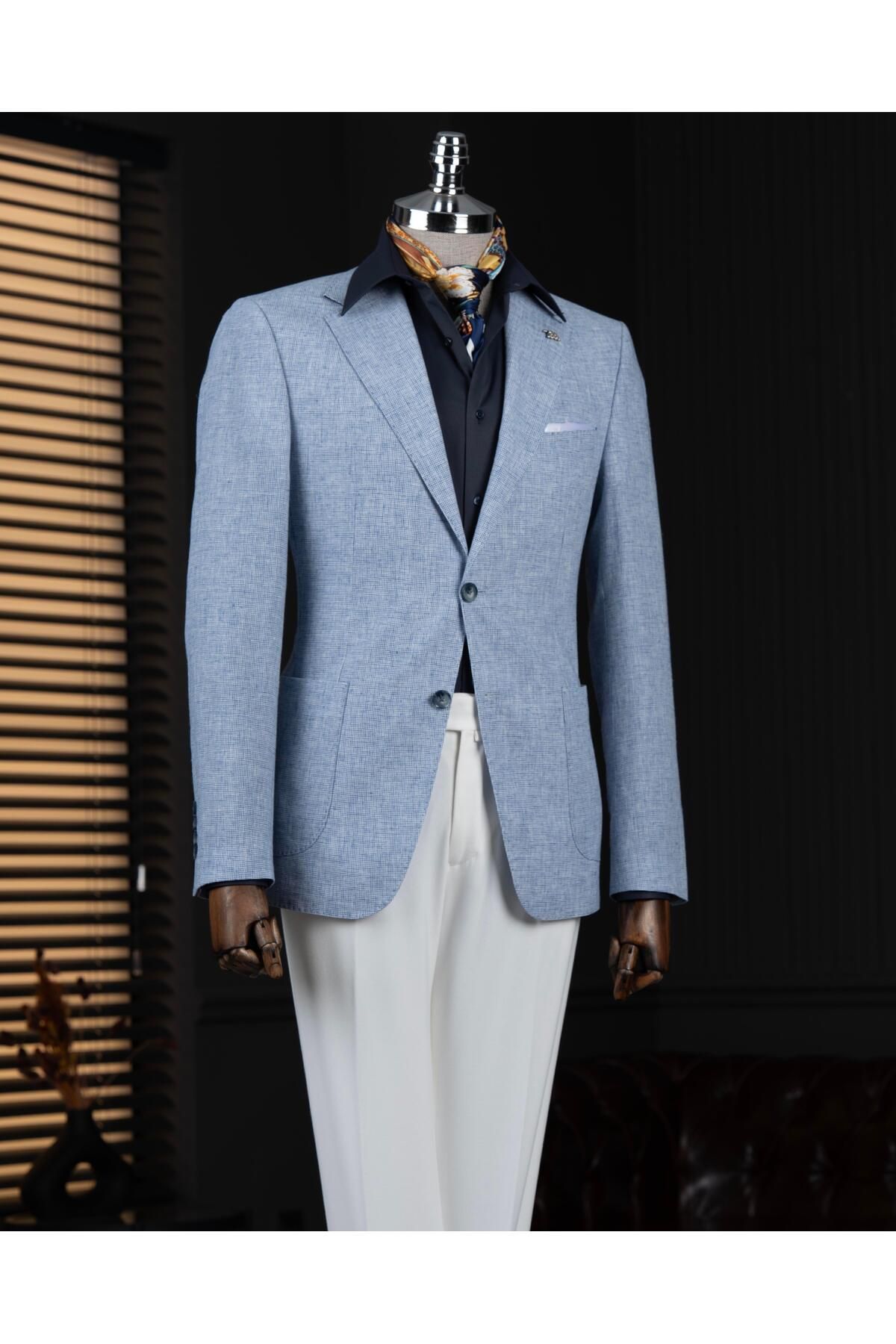 TerziAdemAltun İtalyan stil slim fit mono yaka erkek tek ceket mavi T14358