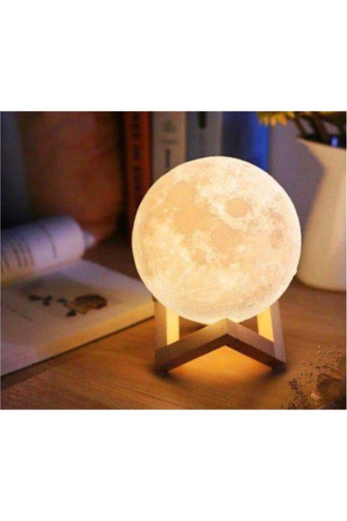 Zaffon AsonPlus 3D Moon Light Dekoratif Küre Gece Lambası Ahşap Standlı-Pilli-Orta Boy Dolunay Gece Lambası
