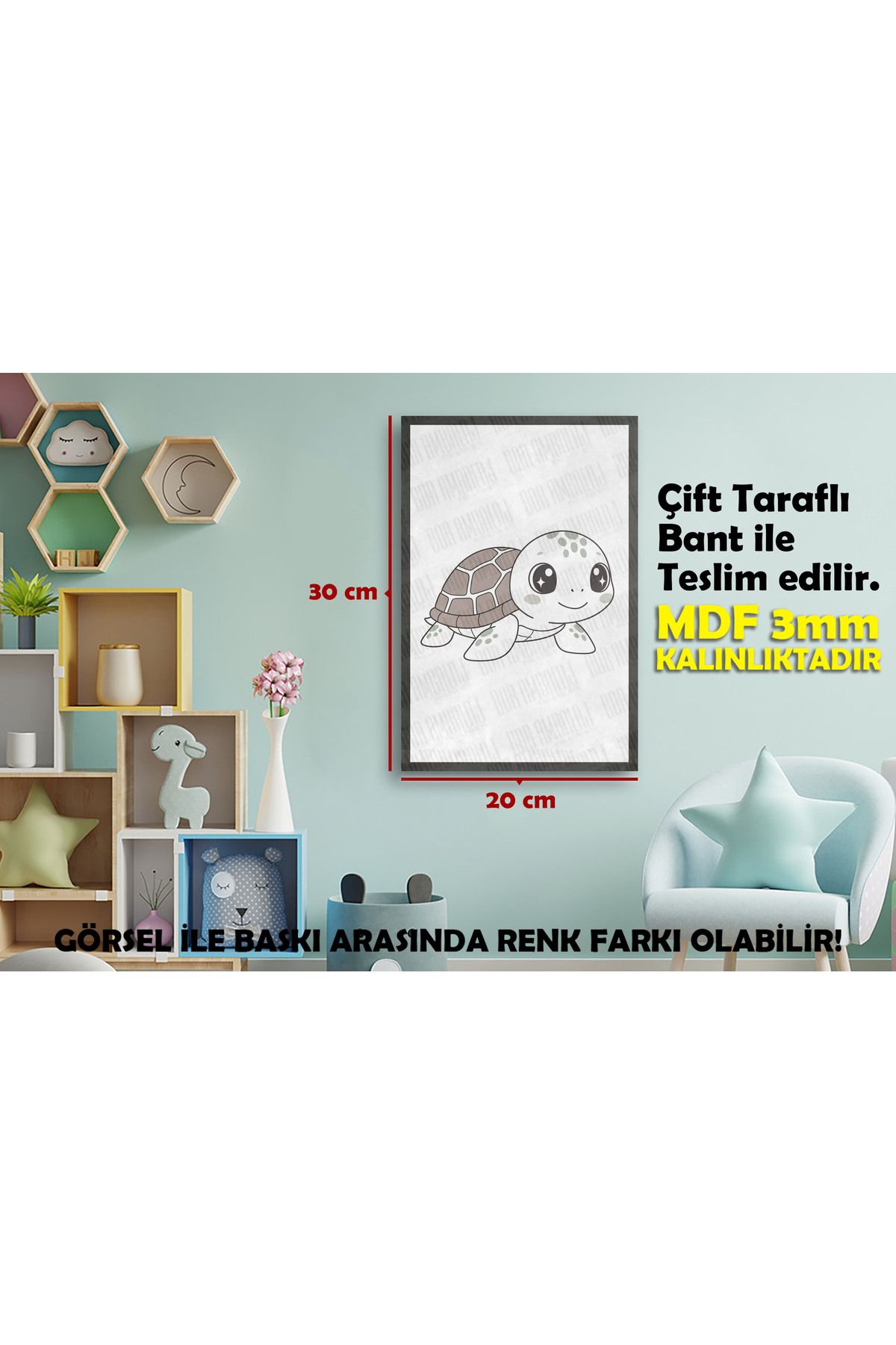 Borambalaj Çocuk Odası İçin Kaplumbağa Tasarımlı Çerçeve Görünümlü MDF Tablo 20x30 cm