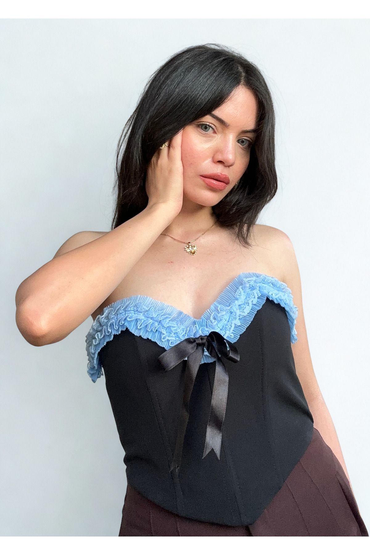 BELTICHA Kadın Y2K Büstiyer Kurdele Güpür Detaylı Coquette Lolita Balenli Korse Crop Büstiyer