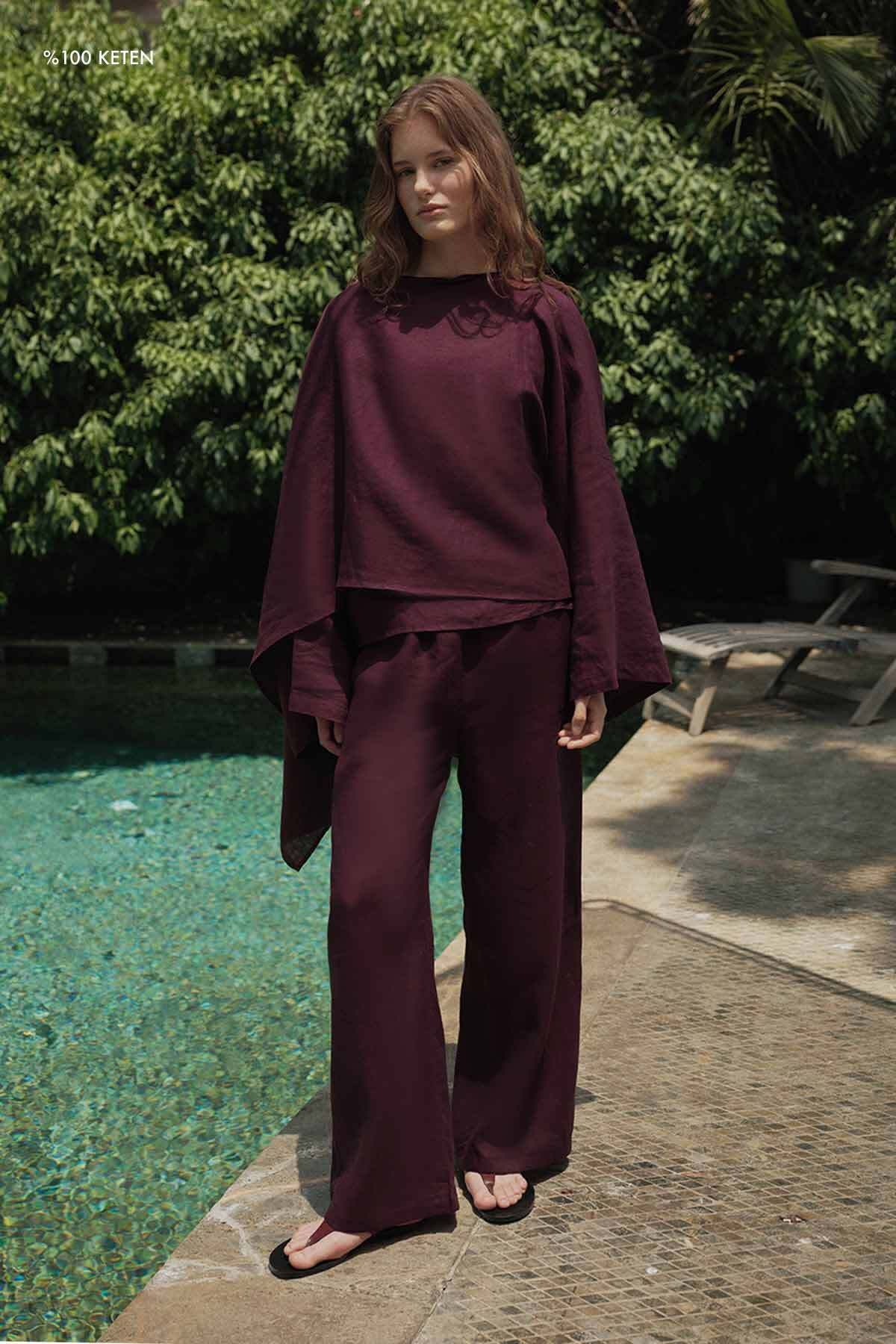 Hooopstore %100 Keten Düz Bordo Pantolon