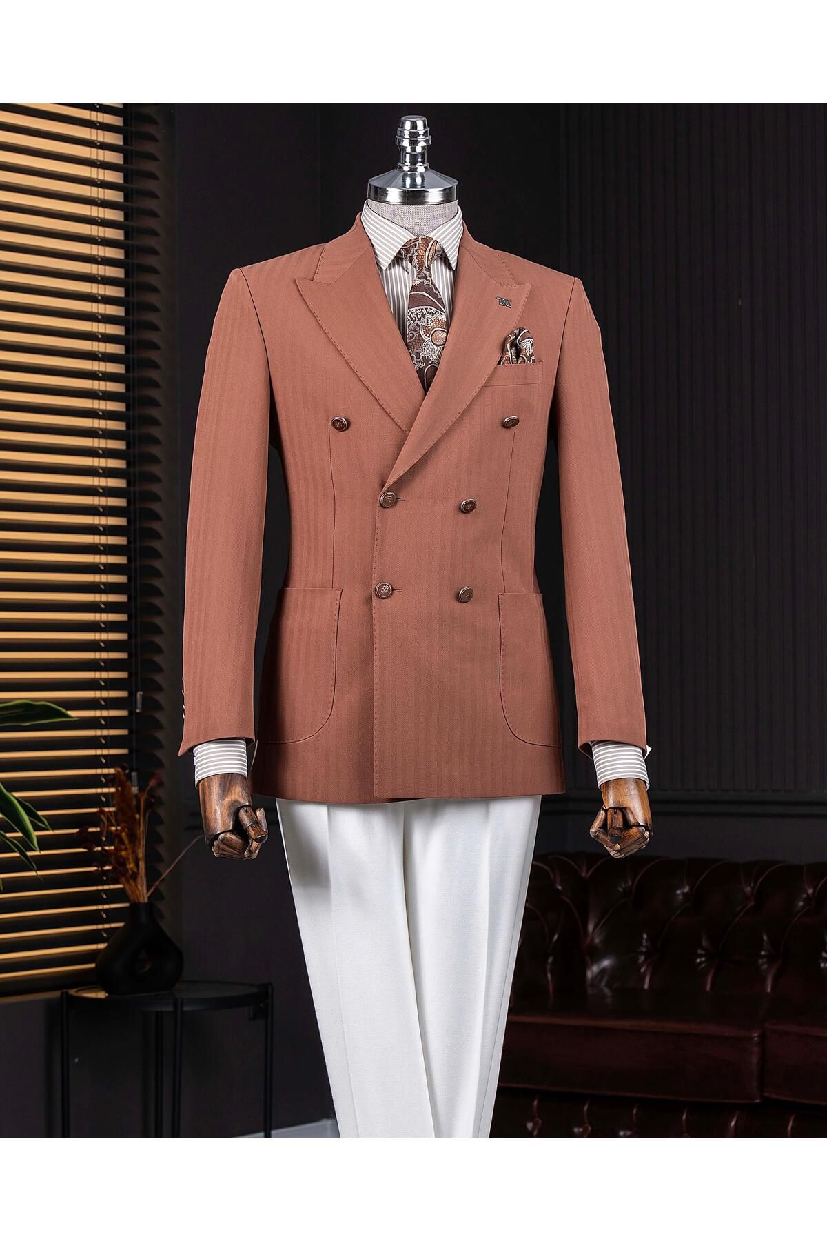 TerziAdemAltun İtalyan stil slim fit balıksırtı desen kruvaze erkek tek ceket kahverengi T14075