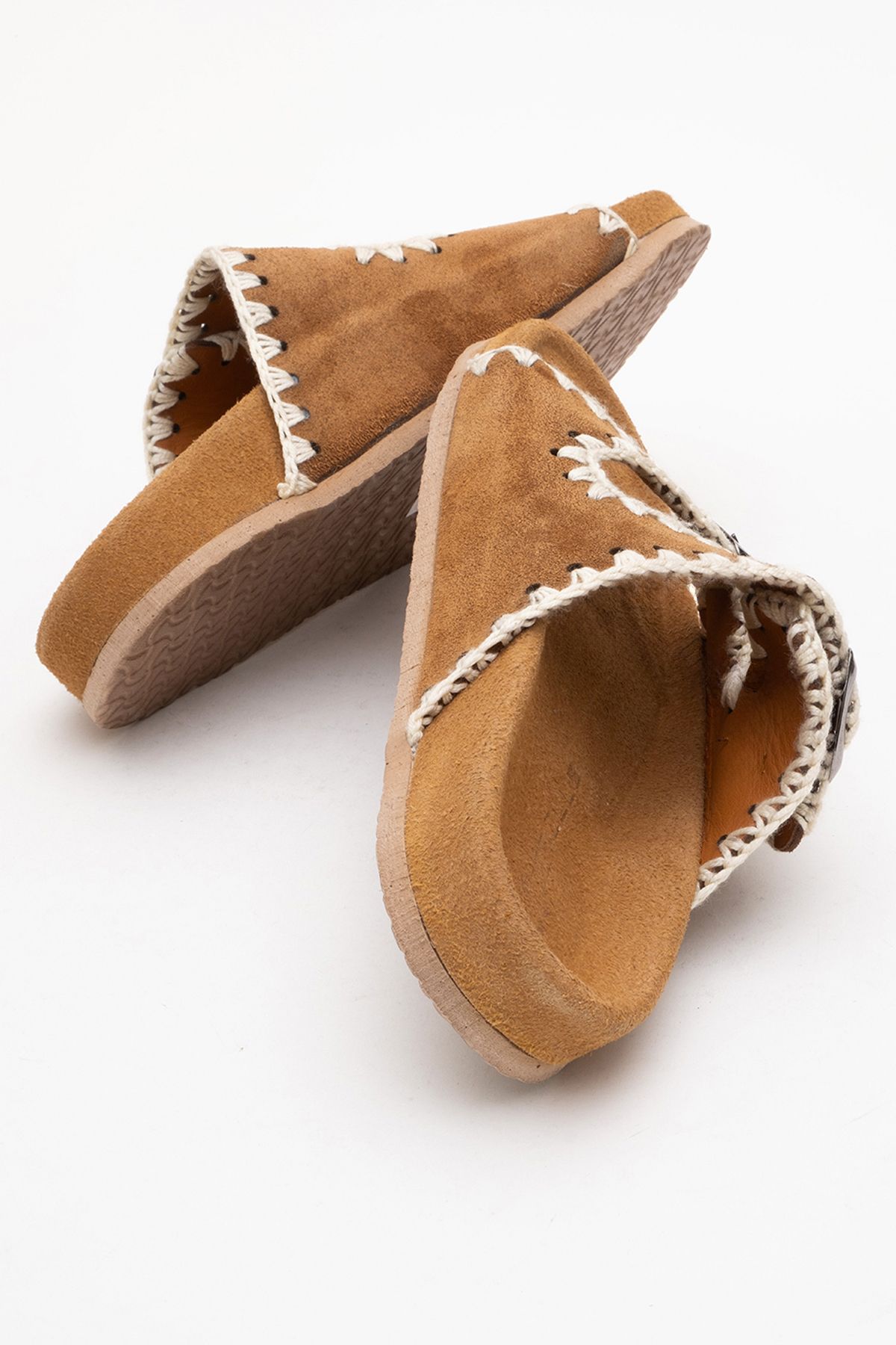 Dericlub-Dericlub Women's Drawstring Double Strap Casual Slippers Real Suede Leather Zy 7900 Taba 4
