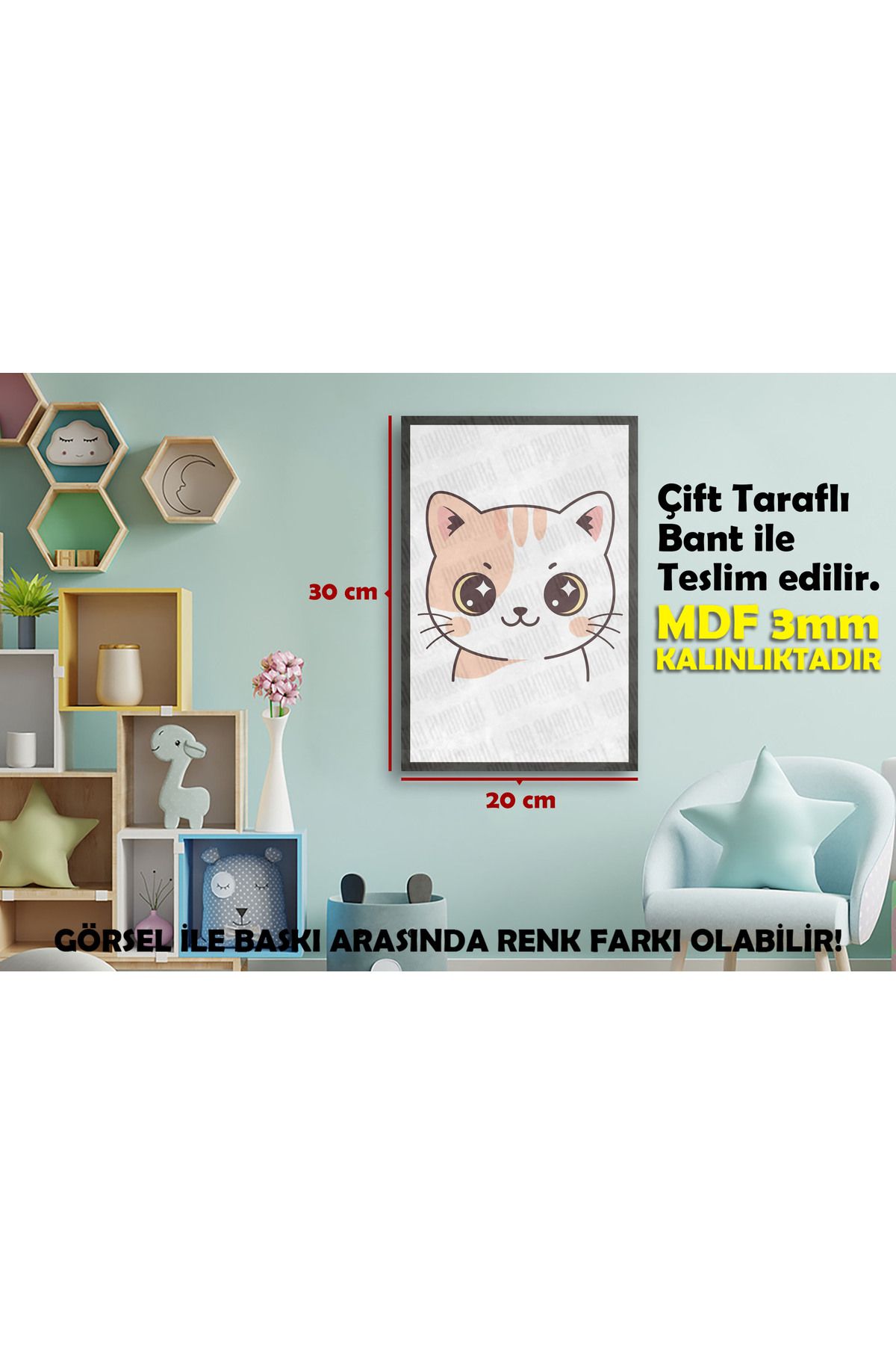 Borambalaj Çocuk Odası İçin Kedi Tasarımlı Çerçeve Görünümlü MDF Tablo 20x30 cm