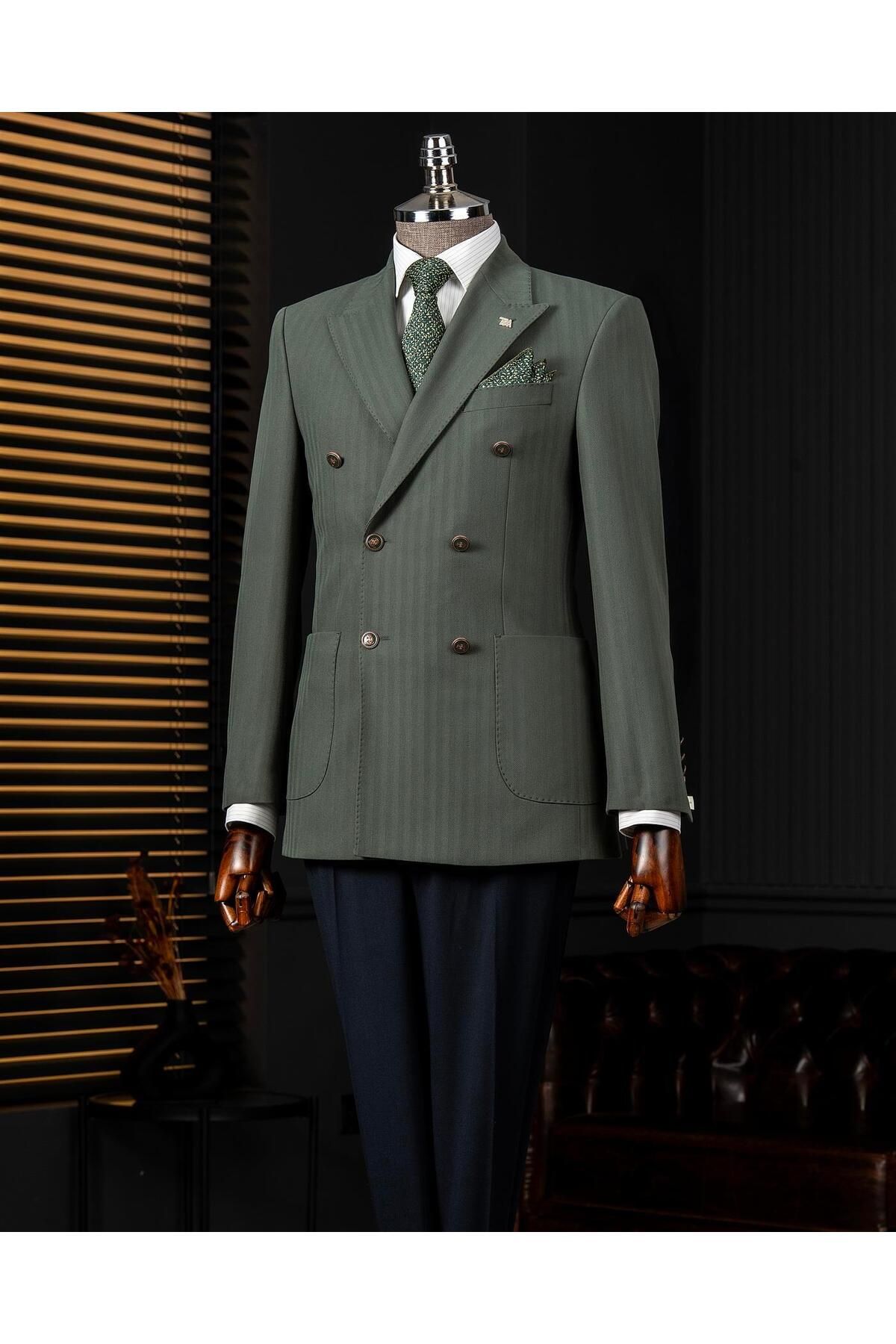 TerziAdemAltun İtalyan stil slim fit balıksırtı desen kruvaze erkek tek ceket yeşil T14076