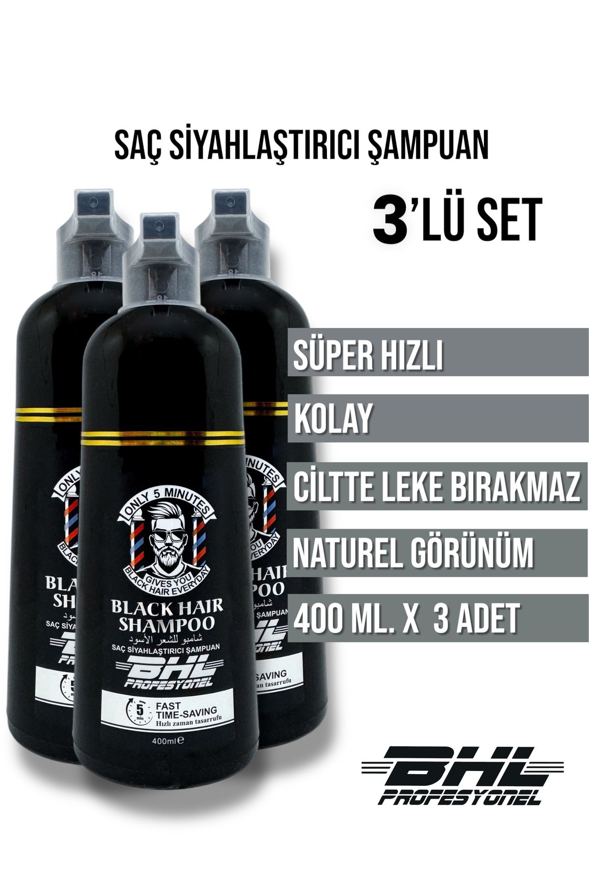 BHL Profesyonel Siyahlaştırıcı Şampuan Soft ve Doğal Siyahlar için ÜÇLÜ SET / Saç Sakal 400ml. X 3 Adet (1200 ml.)