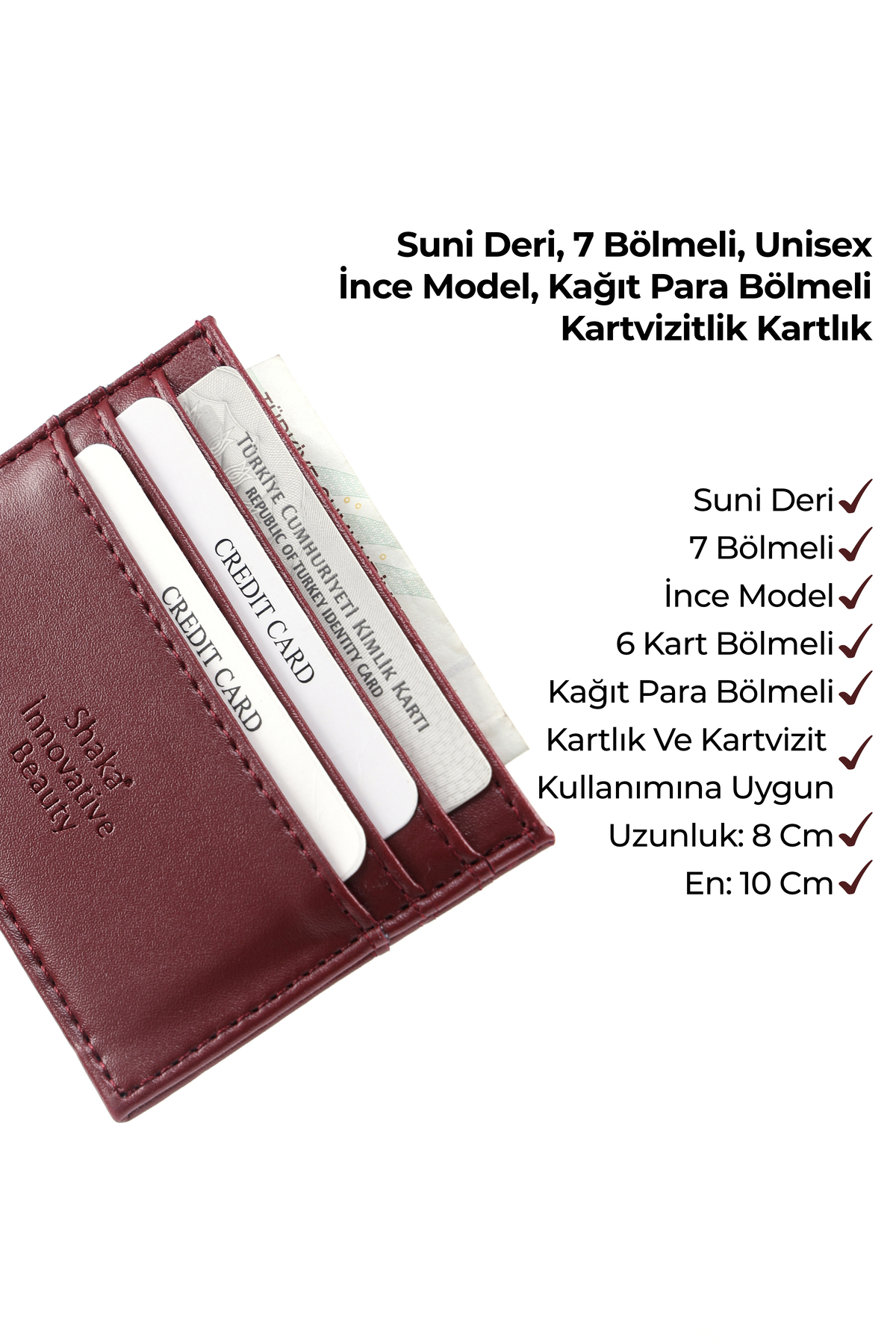 SHAKA Bordo SHK68 Unisex Suni Deri Süper İnce Model Kağıt Para Bölmeli Kredi Kartı Ve Kartvizitlik Kartlık görsel 7