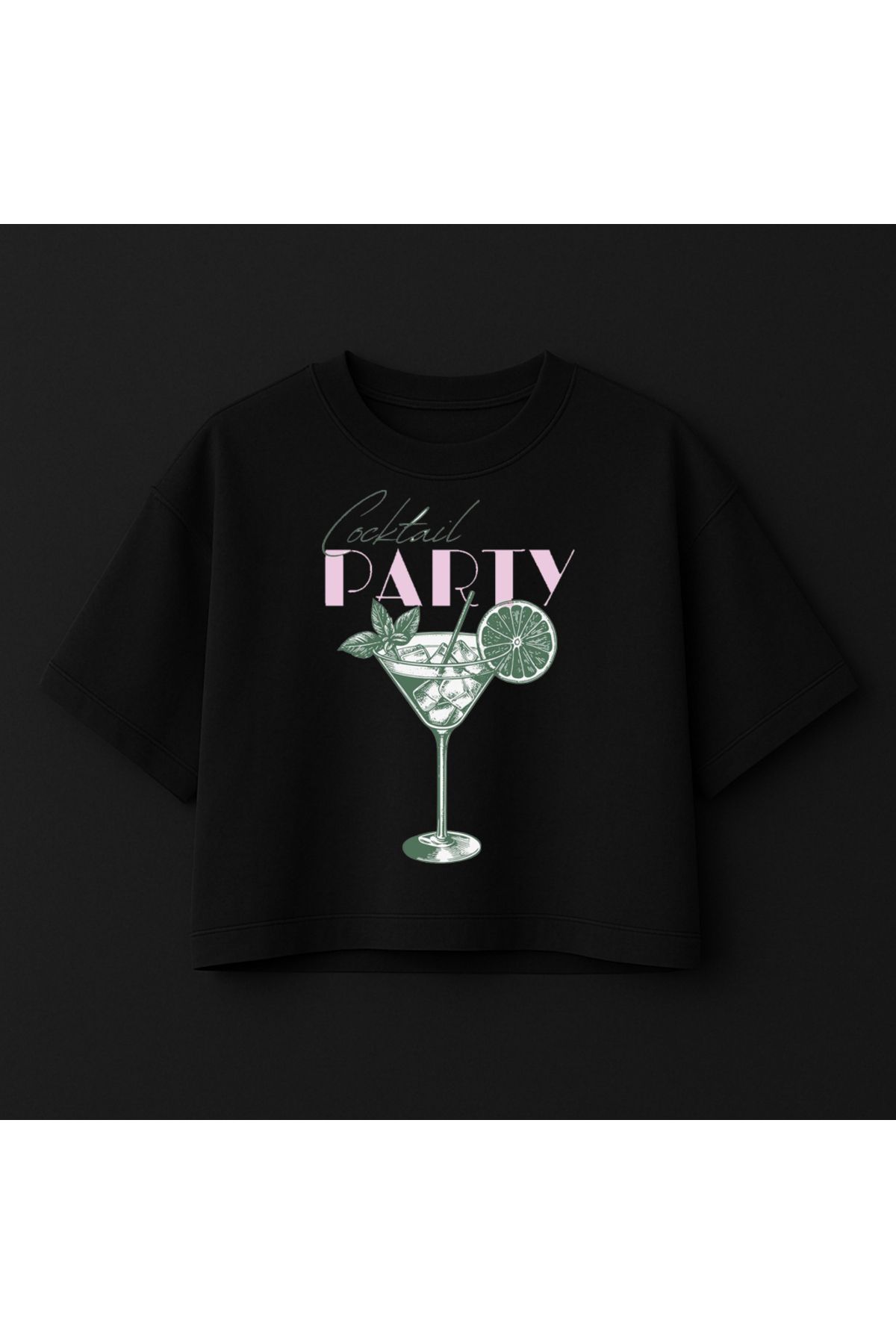 Minou Wear Coctail Baskılı Özel Tasarım Kadın Siyah Oversize Crop Tshirt