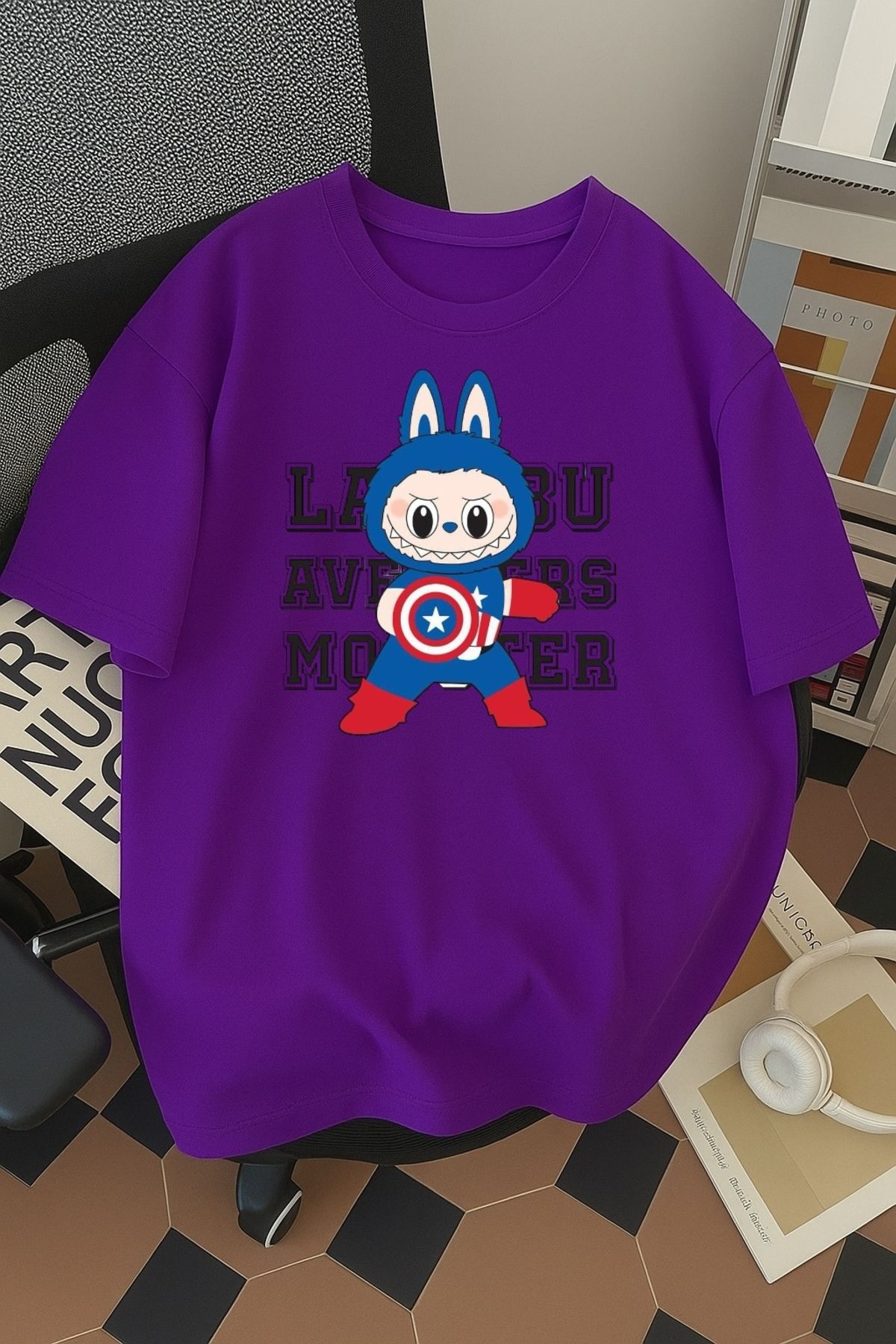SOHR Unisex Erkek/Kadın Kaptan Amerika Labubu Renkli Baskılı Oversize Pamuklu T-Shirt