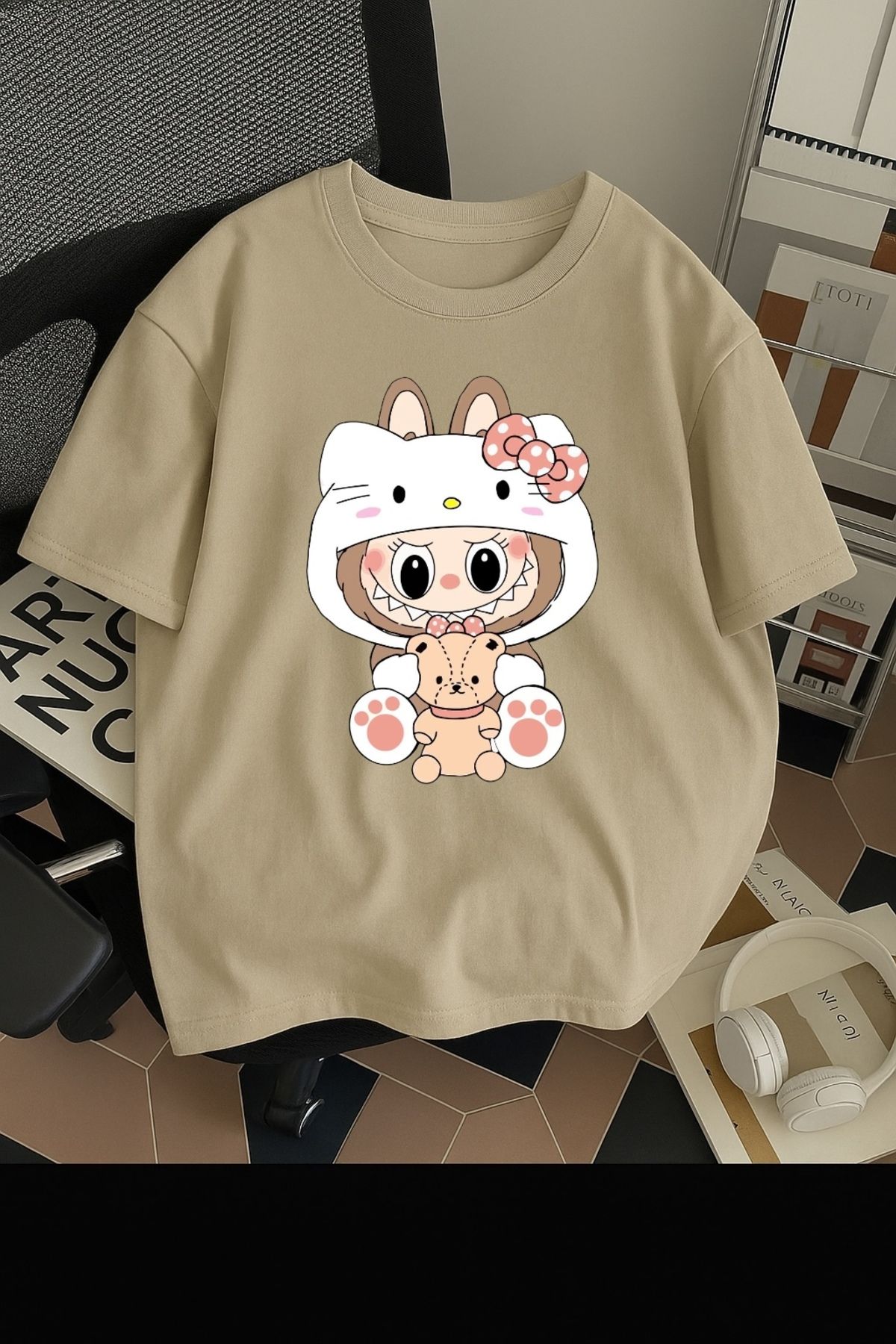 SOHR Unisex Erkek/Kadın Kitty Labubu Renkli Baskılı Oversize Pamuklu T-Shirt