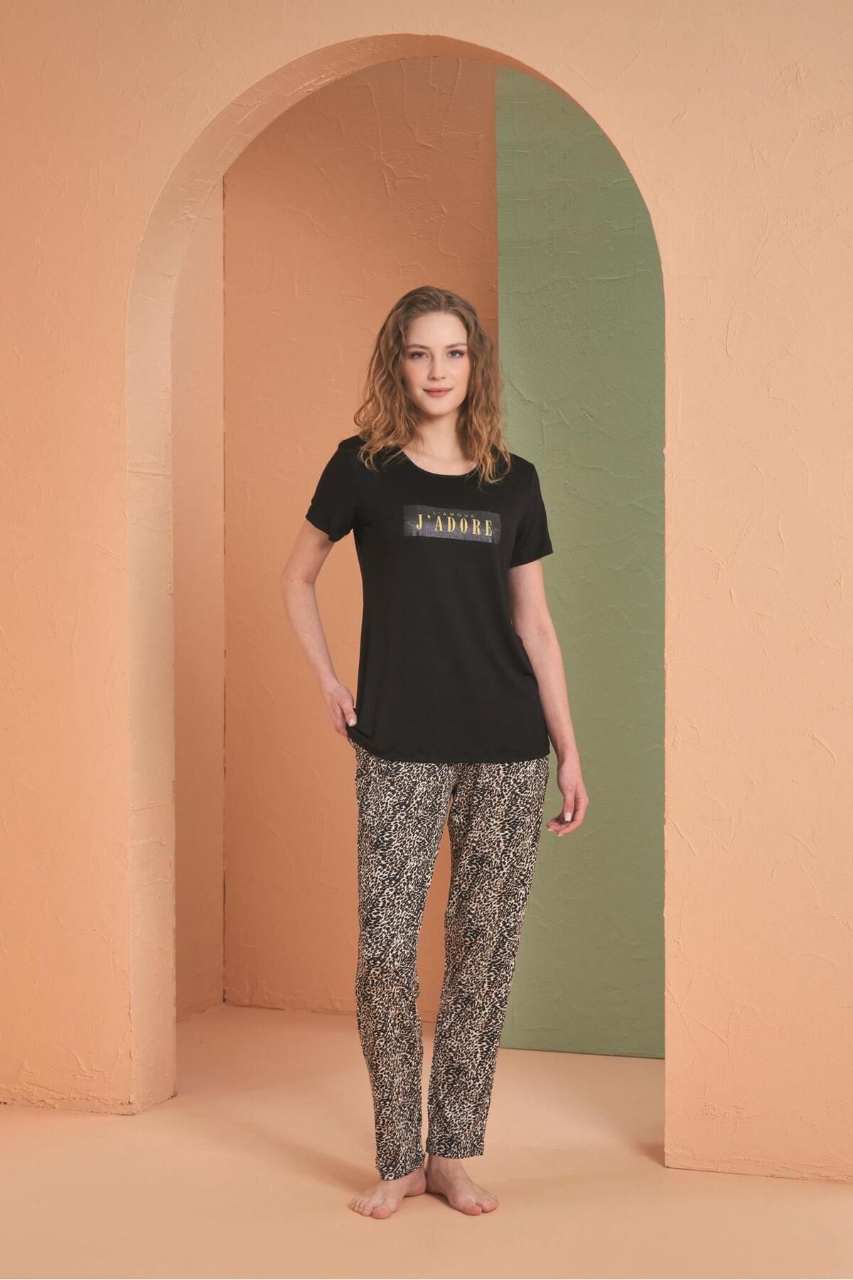 PJS Kadın Siyah Kısa Kol Pijama Takım 27036
