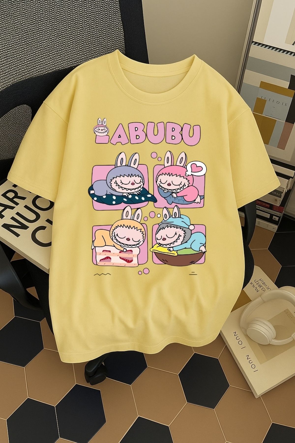 SOHR Unisex Erkek/Kadın Labubu Dörtlü Renkli Baskılı Oversize Pamuklu T-Shirt