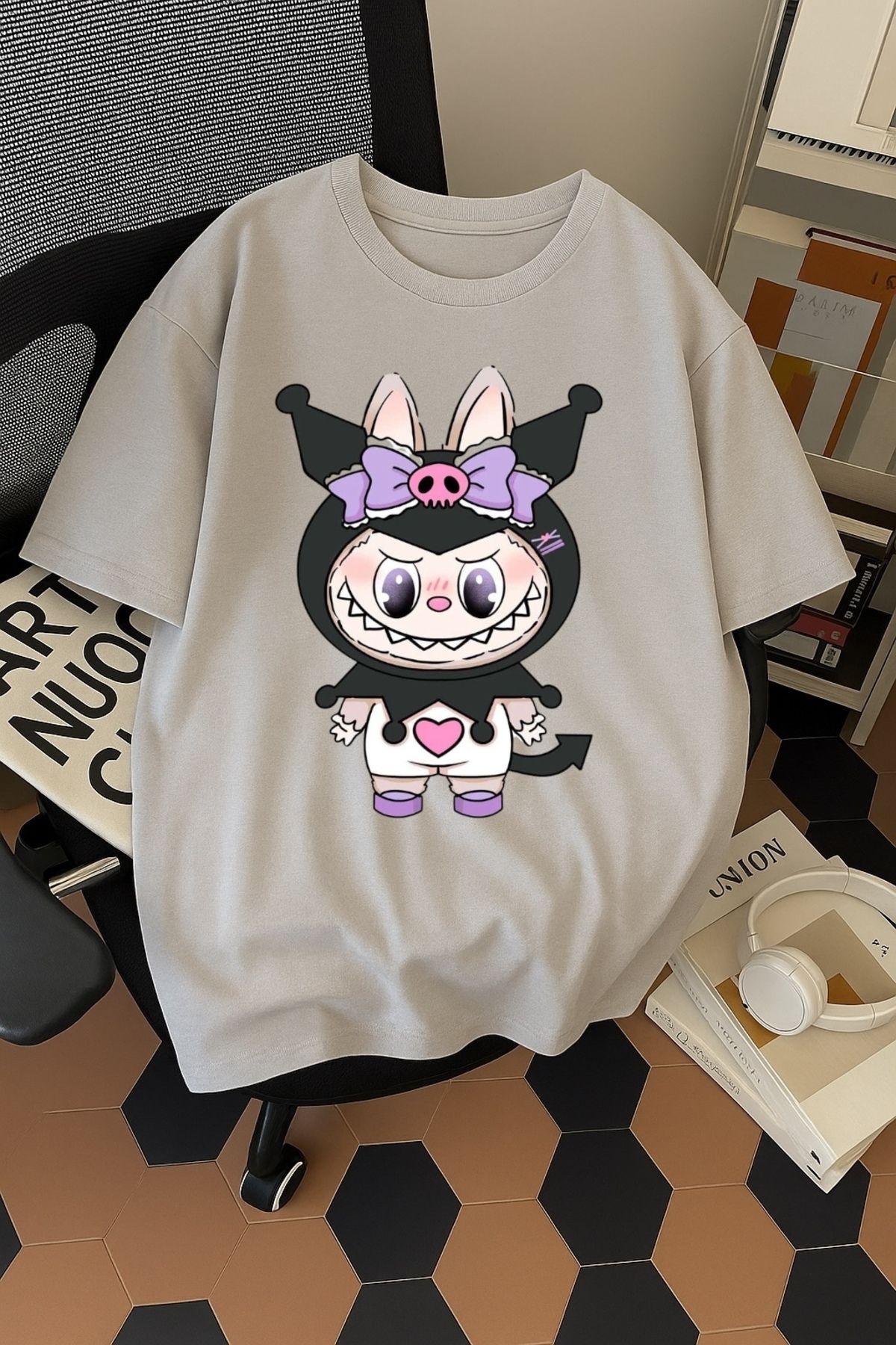 SOHR Unisex Erkek/Kadın Kuromi Labubu Renkli Baskılı Oversize Pamuklu T-Shirt