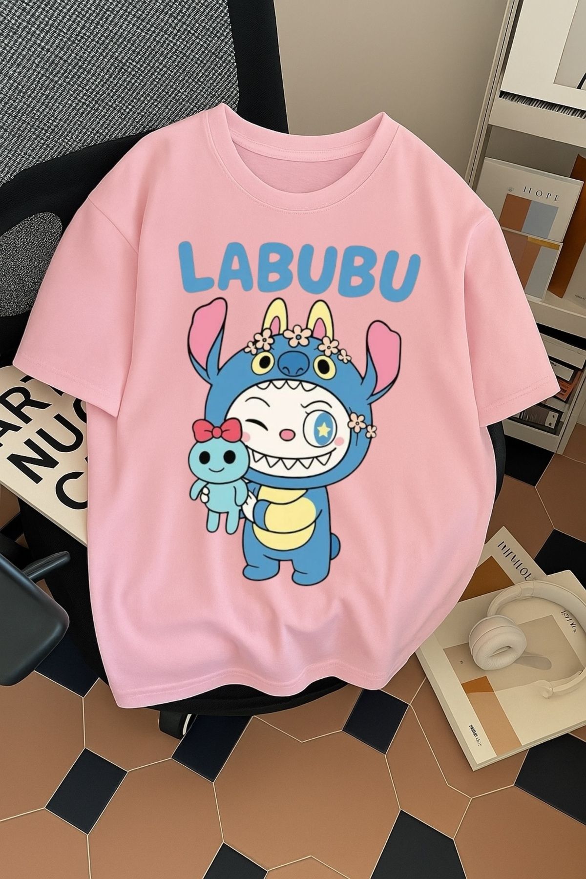 SOHR Unisex Erkek/Kadın Labubu Stitch Renkli Baskılı Oversize Pamuklu T-Shirt