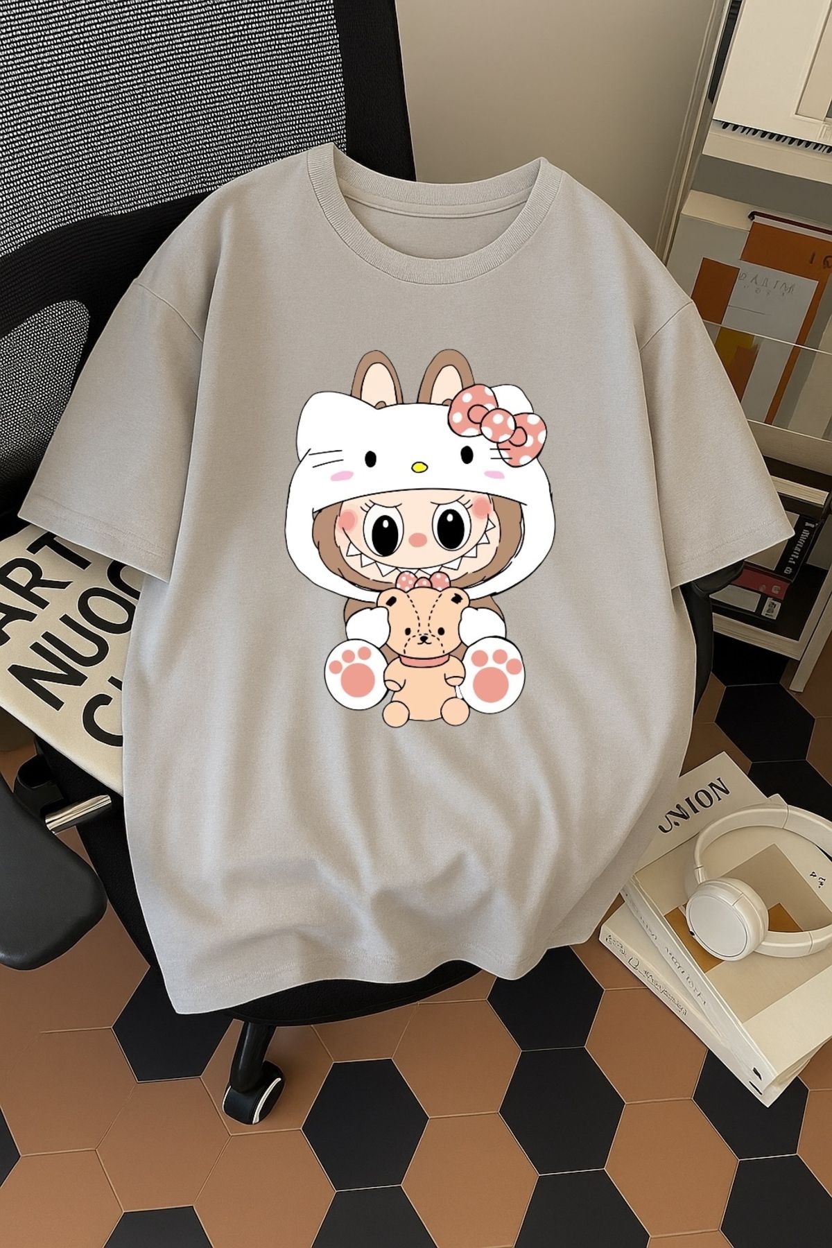 SOHR Unisex Erkek/Kadın Kitty Labubu Renkli Baskılı Oversize Pamuklu T-Shirt