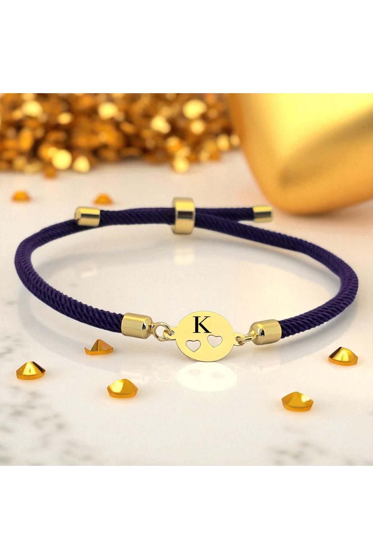 ARCHINO GOLD K Harfine Özel Kalpli Oval Motifli 14 Ayar Altın Plakalı Mor İpek Örgülü Hediye Bileklik-518harf