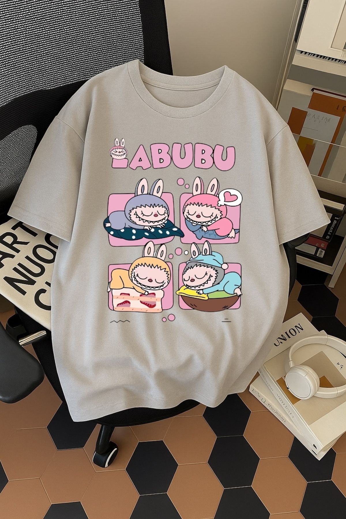 SOHR Unisex Erkek/Kadın Labubu Dörtlü Renkli Baskılı Oversize Pamuklu T-Shirt
