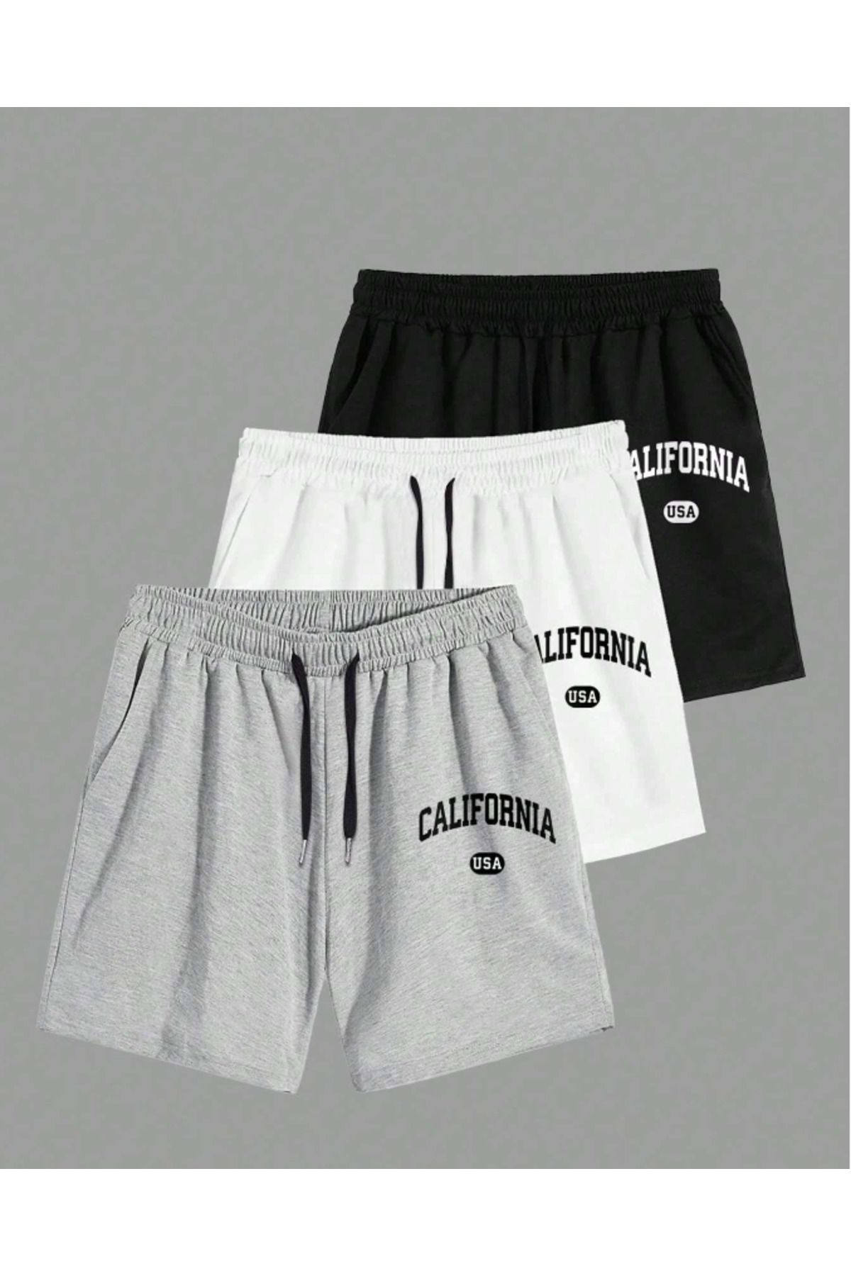 COHERENT 3-lü Unisex Minimal CALİFORNİA Baskılı Şort Siyah-Gri-Beyaz
