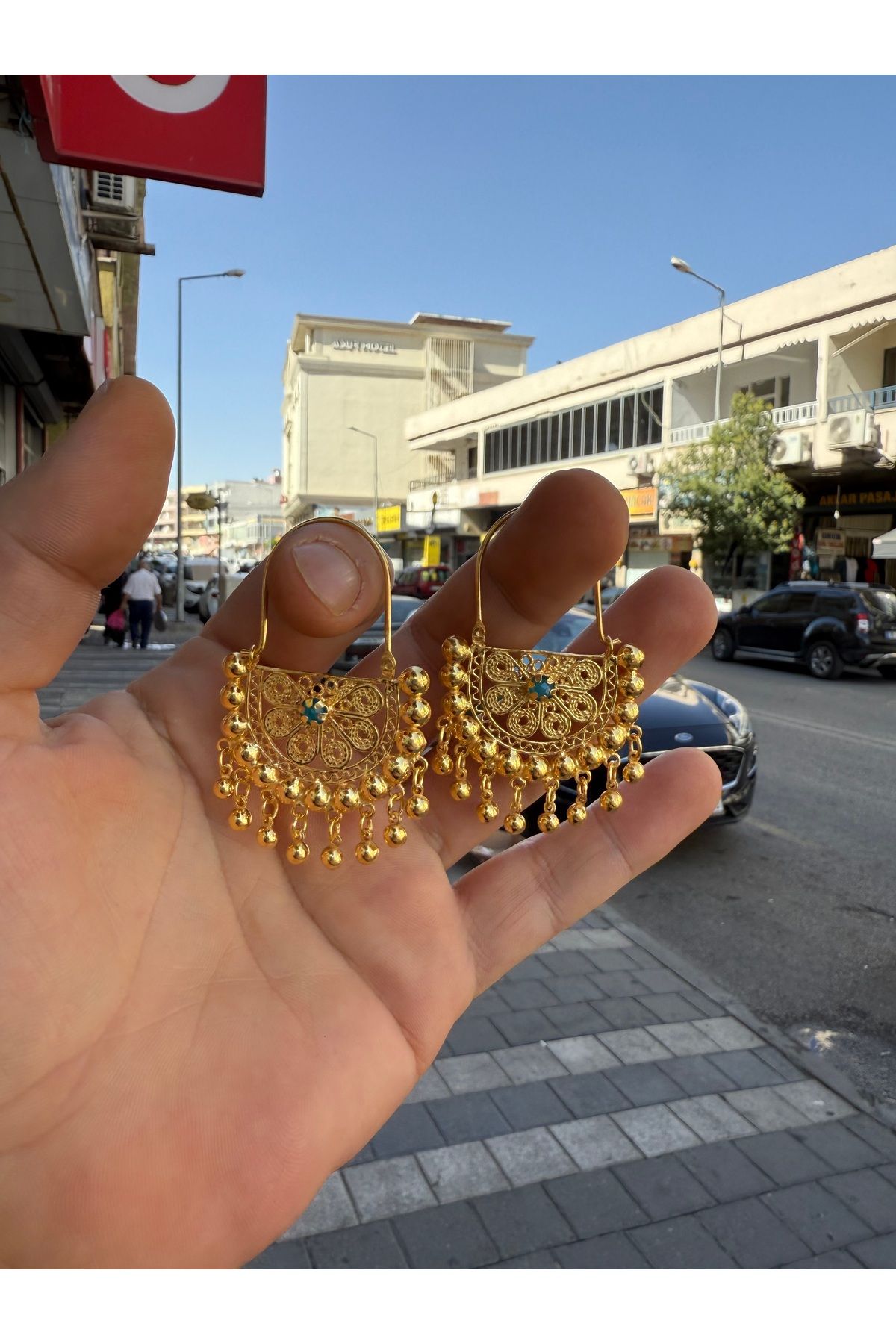 Midyat Artuklu Gümüşçülük Turkuaz Taşlı Gümüş Altın Kaplama Toplu Sallantılı Mardin Yöresel Küpe
