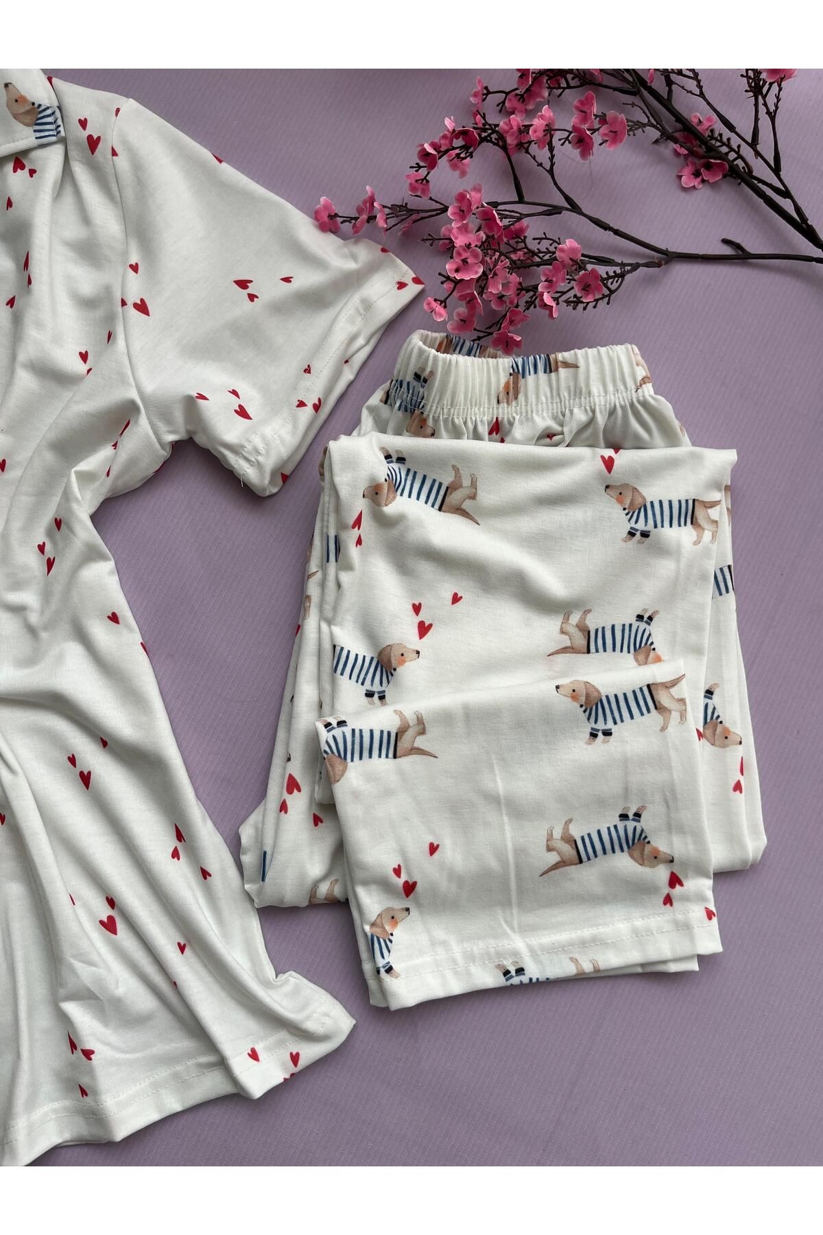 lovenel for love Likralı Düğmeli Kısa Kol Alt Üst Pijama Takımı