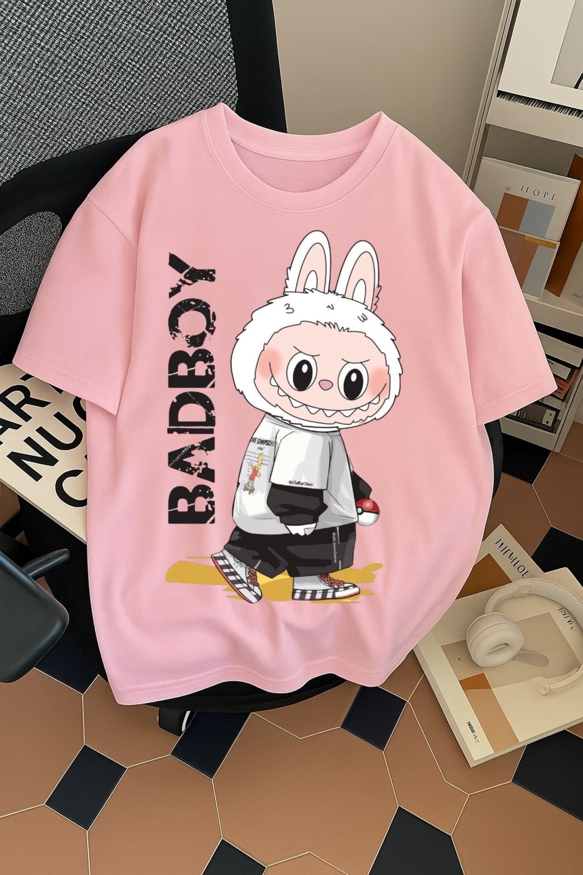 SOHR Unisex Erkek/Kadın Labubu BadBoy Renkli Baskılı Oversize Pamuklu T-Shirt