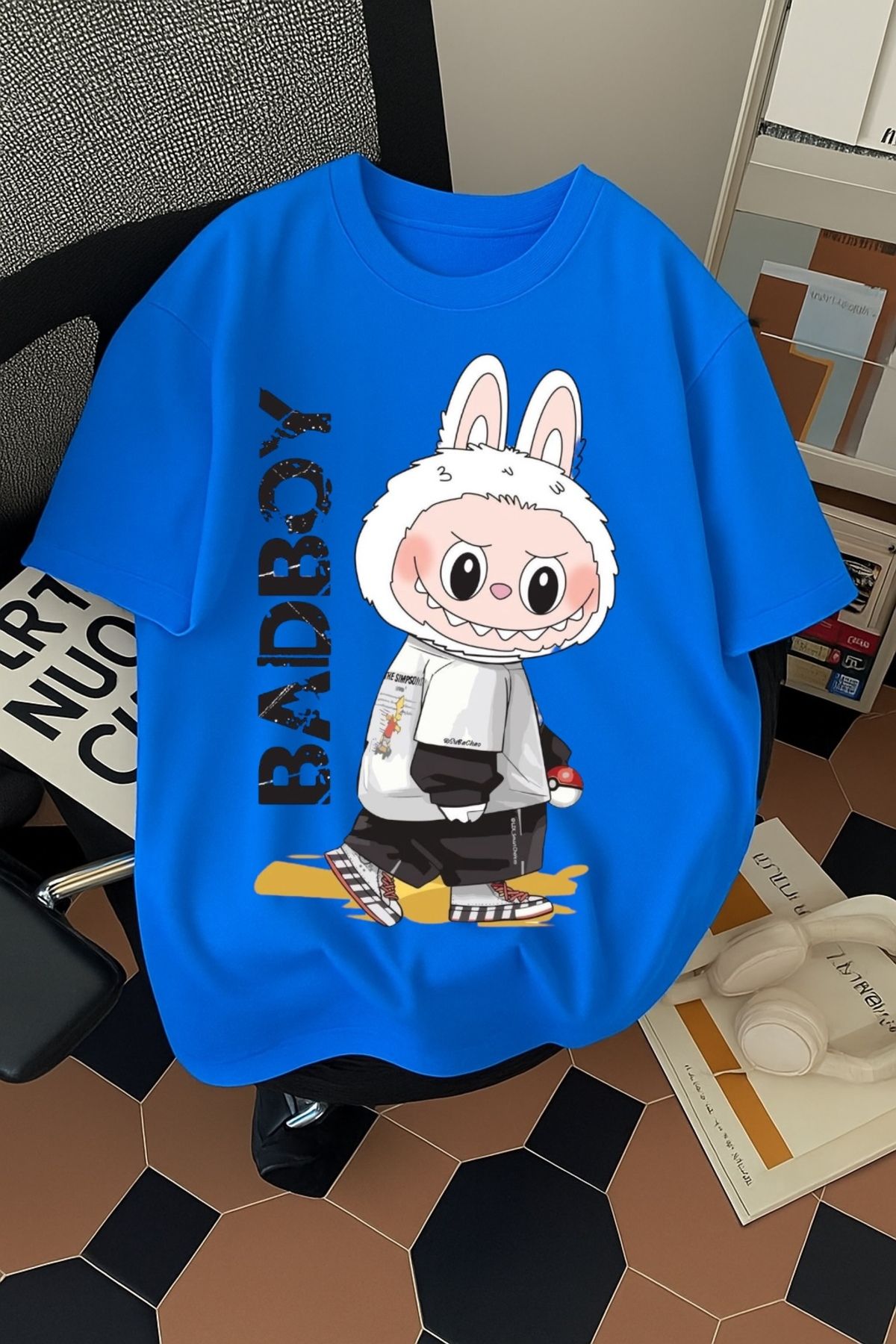SOHR Unisex Erkek/Kadın Labubu BadBoy Renkli Baskılı Oversize Pamuklu T-Shirt