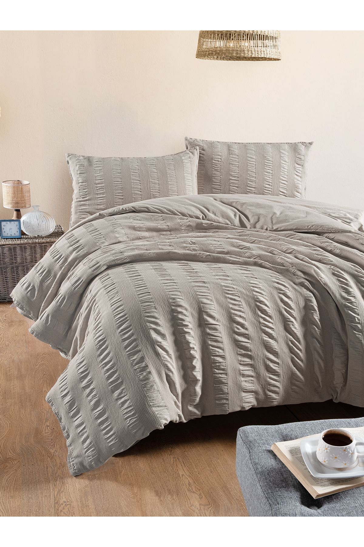 BED LİNE Seersucker Tek Kişilik Nevresim Takımı bej Kutulu