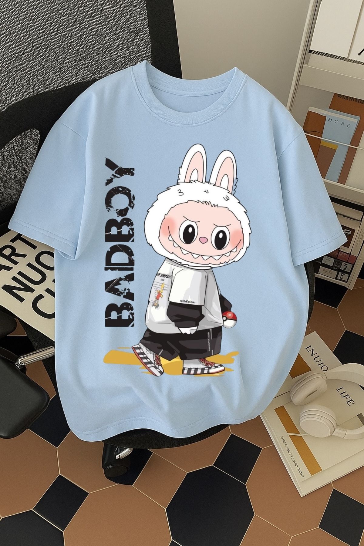 SOHR Unisex Erkek/Kadın Labubu BadBoy Renkli Baskılı Oversize Pamuklu T-Shirt