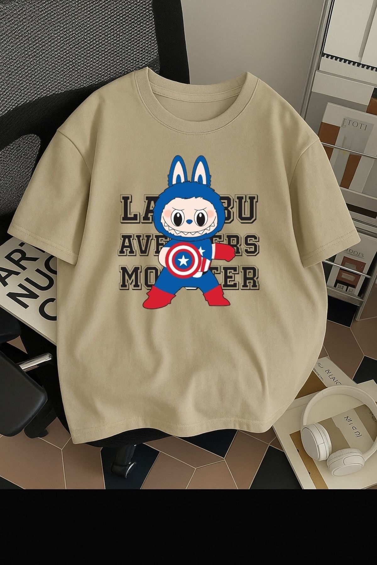 SOHR Unisex Erkek/Kadın Kaptan Amerika Labubu Renkli Baskılı Oversize Pamuklu T-Shirt