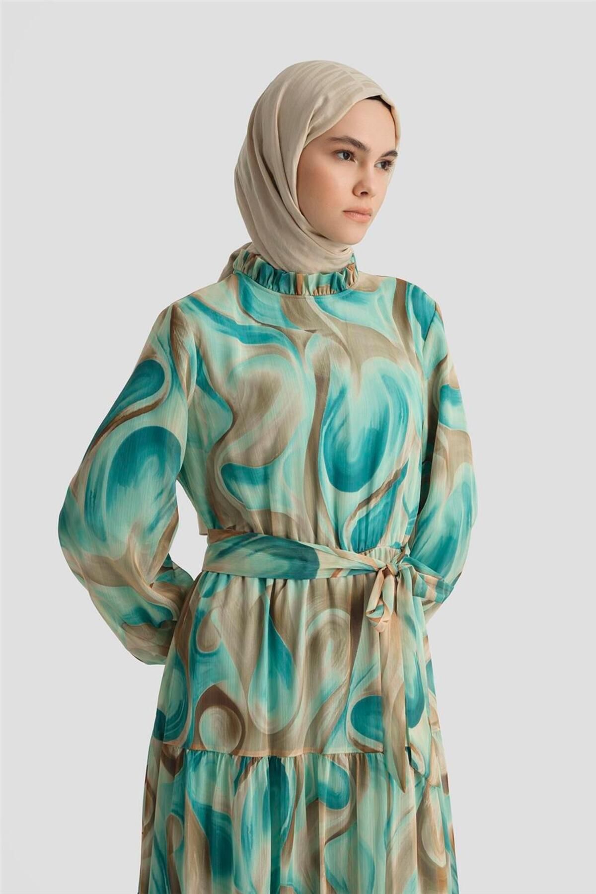 Armine Desenli Elbise 25YD4019 Mavi