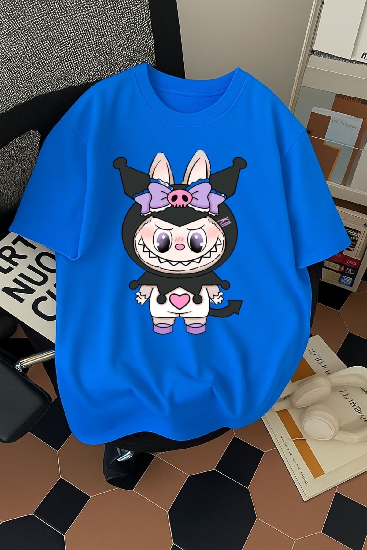 SOHR Unisex Erkek/Kadın Kuromi Labubu Renkli Baskılı Oversize Pamuklu T-Shirt