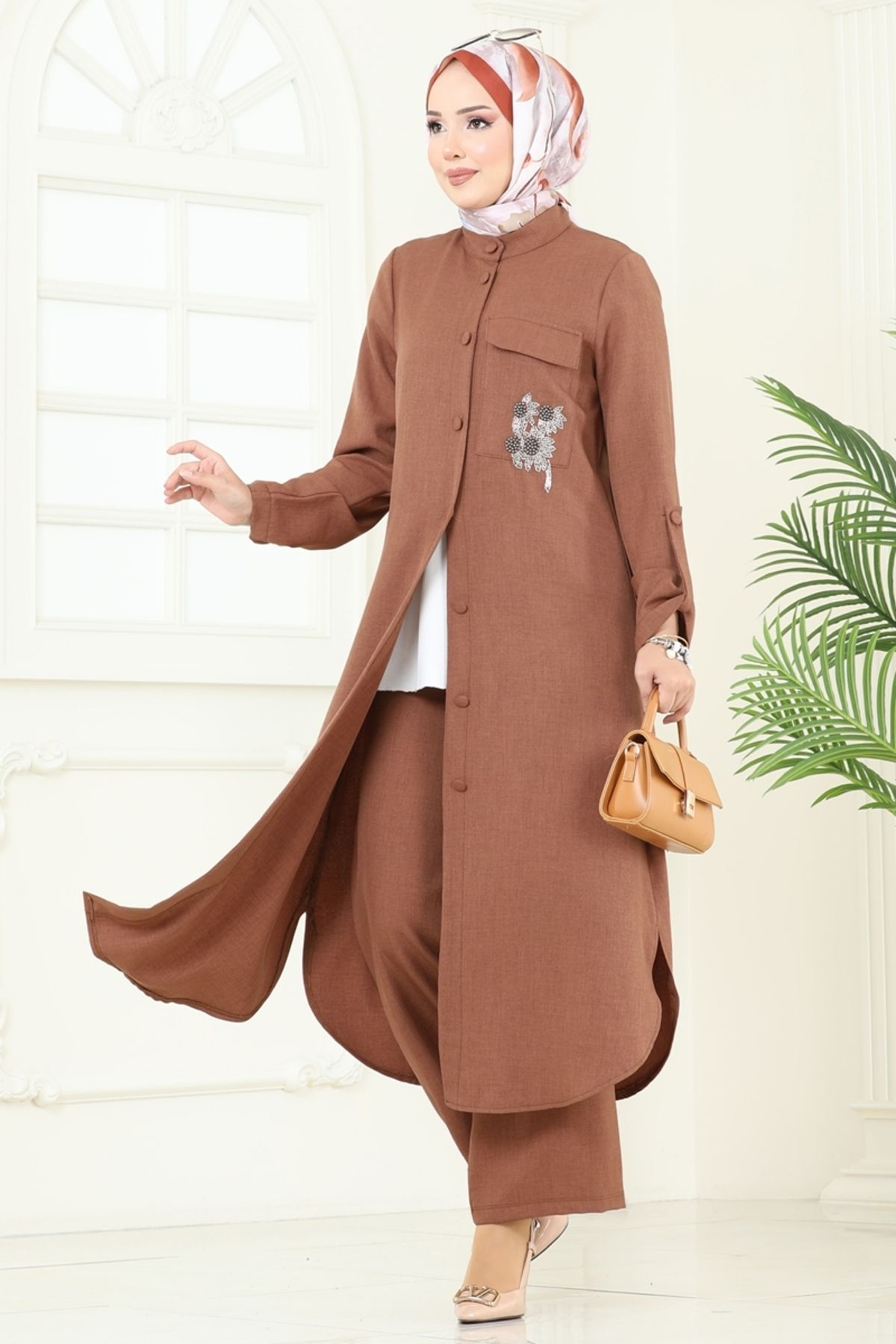 Modaselvim Boncuk Detay Tesettür Takım 2686SL432 Taba