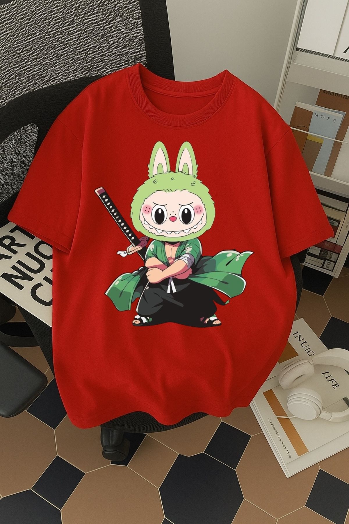 SOHR Unisex Erkek/Kadın Zoro Labubu Renkli Baskılı Oversize Pamuklu T-Shirt