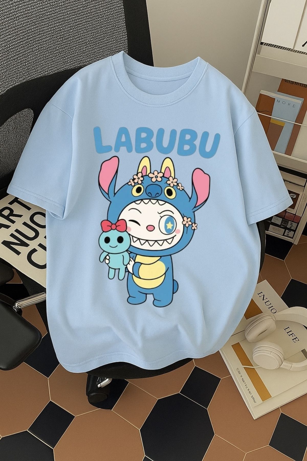 SOHR Unisex Erkek/Kadın Labubu Stitch Renkli Baskılı Oversize Pamuklu T-Shirt