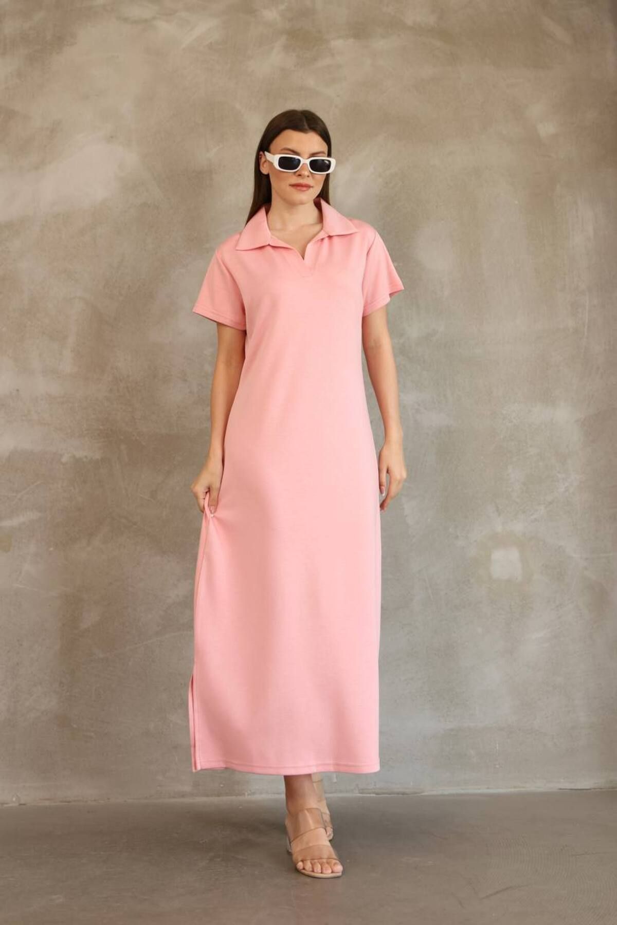 BUTİK1AVM Kadın Basic Polo Yaka Yırtmaçlı Elbise Siyah Pembe Bordo ve Lacivert Renklerde