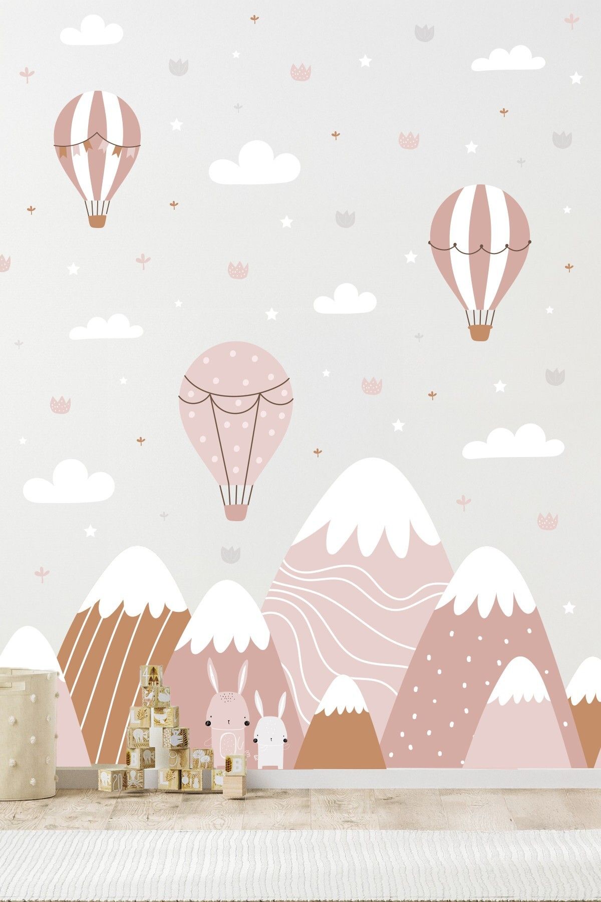 MSticker Bohem Soft Pembe Dağ ve Gökyüzü Temalı Uçan Balon İçerikli Duvar Kağıdı Görünümlü Sticker Seti
