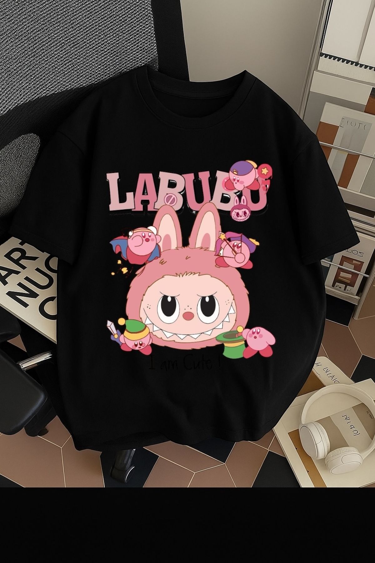 SOHR Unisex Erkek/Kadın Labubu Im Cute Renkli Baskılı Oversize Pamuklu T-Shirt