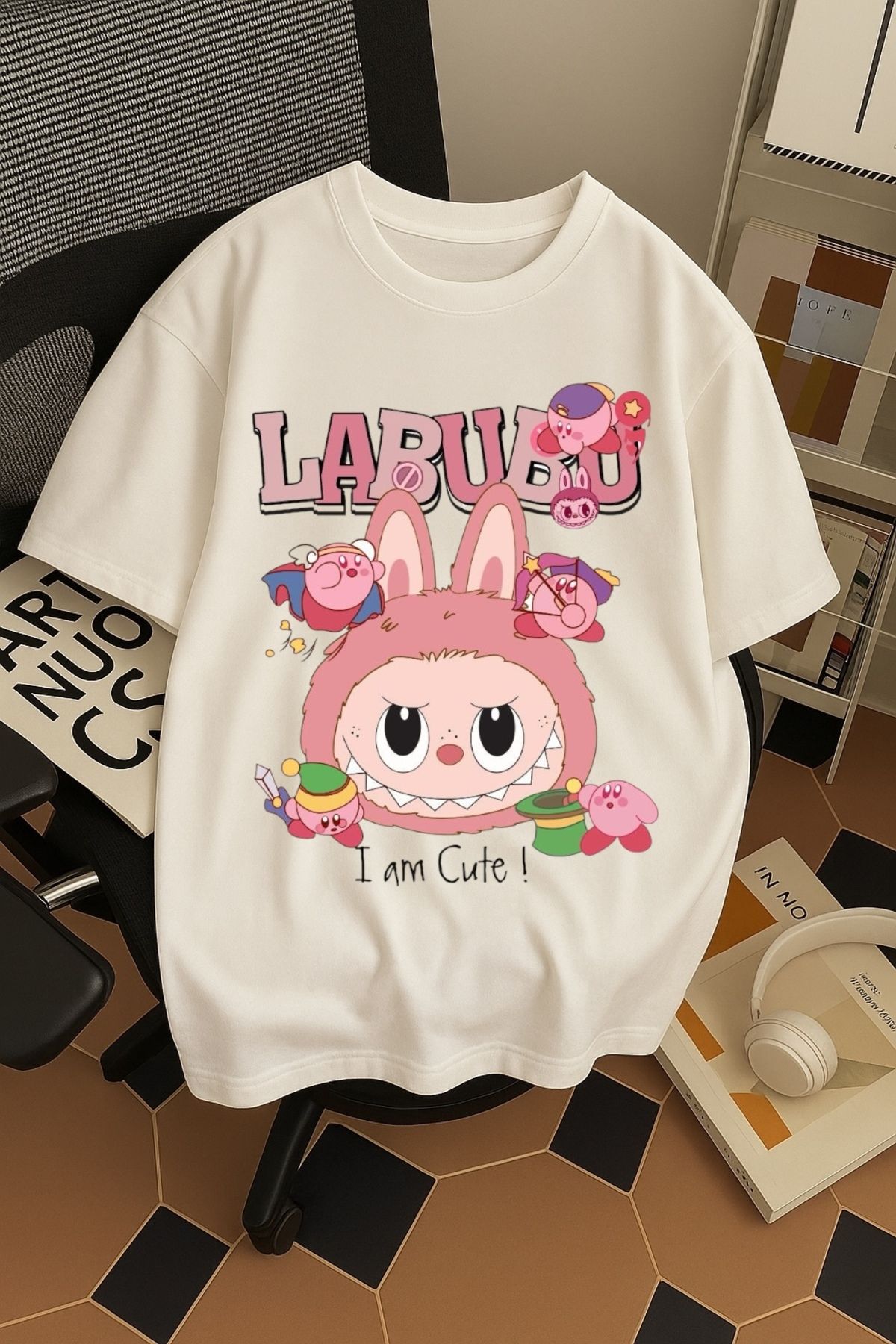 SOHR Unisex Erkek/Kadın Labubu Im Cute Renkli Baskılı Oversize Pamuklu T-Shirt