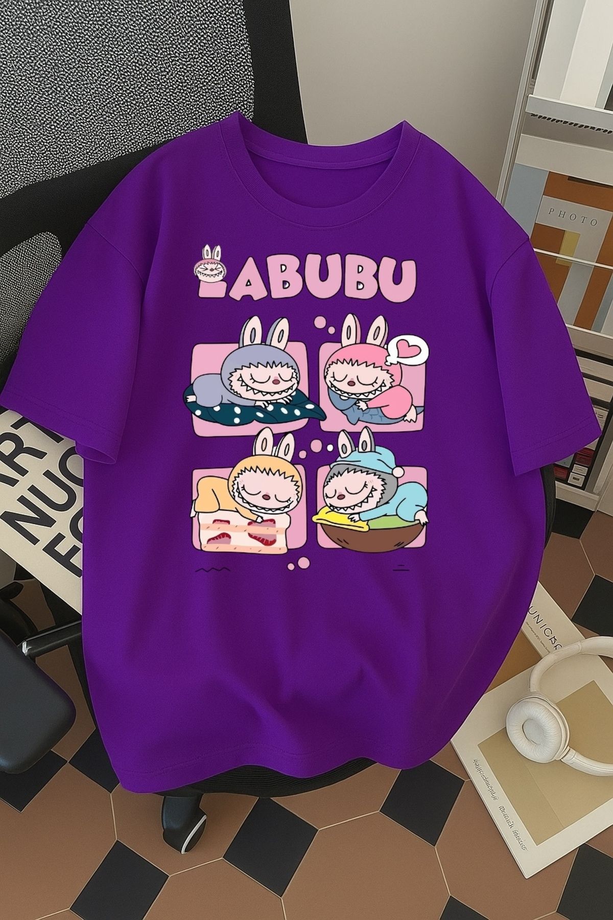 SOHR Unisex Erkek/Kadın Labubu Dörtlü Renkli Baskılı Oversize Pamuklu T-Shirt