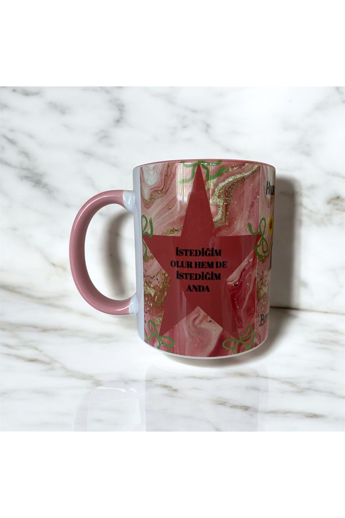 AURALE BASKI KİŞİYE ÖZEL OLUMLAMALI PEMBE KUPA BARDAK