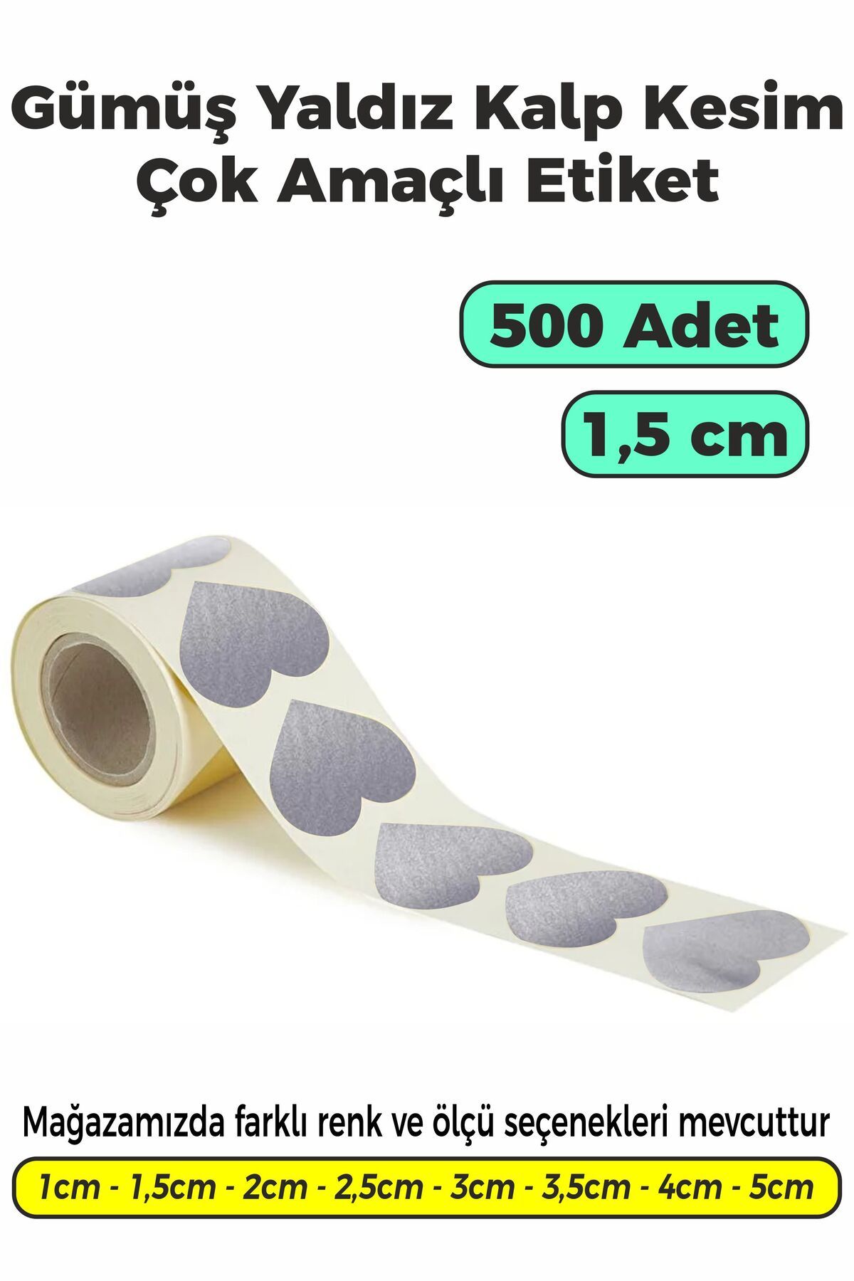 SB store Gümüş Yaldız Renk Kalp Kesim Çok Amaçlı Etiket 1,5cm 500 Adet