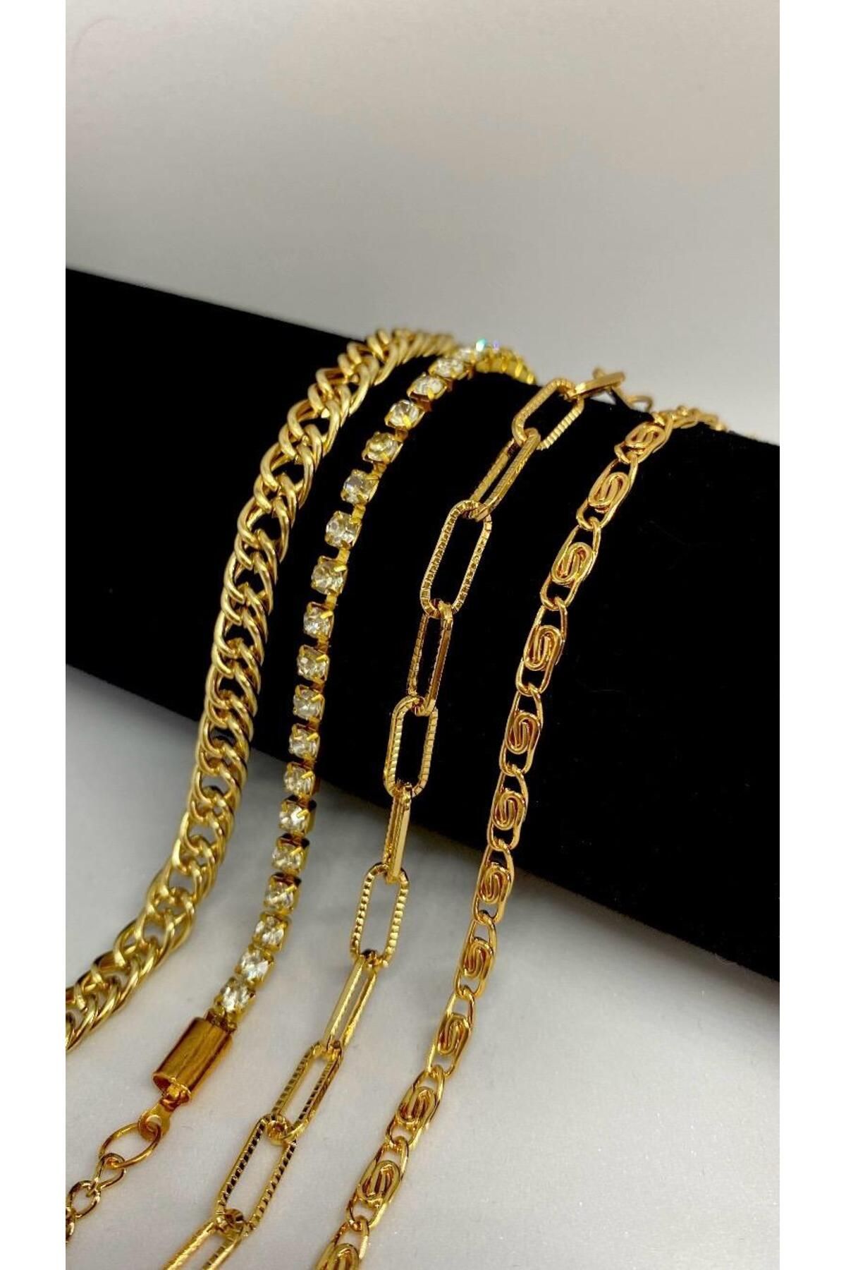 Axuu Collection 4 Parçalı Kadın Bileklik Kombini Su Yolu Zincir Bileklik Zincir Bileklik Kombin Bileklik Set
