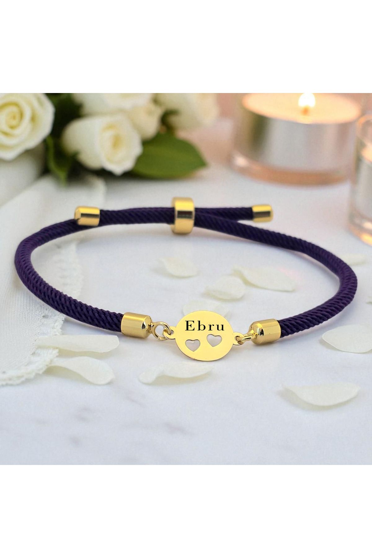 ARCHINO GOLD Ebru Yazılı 14 Ayar Altın Plakalı Mor İpek Örgülü Kalpli Oval Motifli Hediye Bileklik-518isim