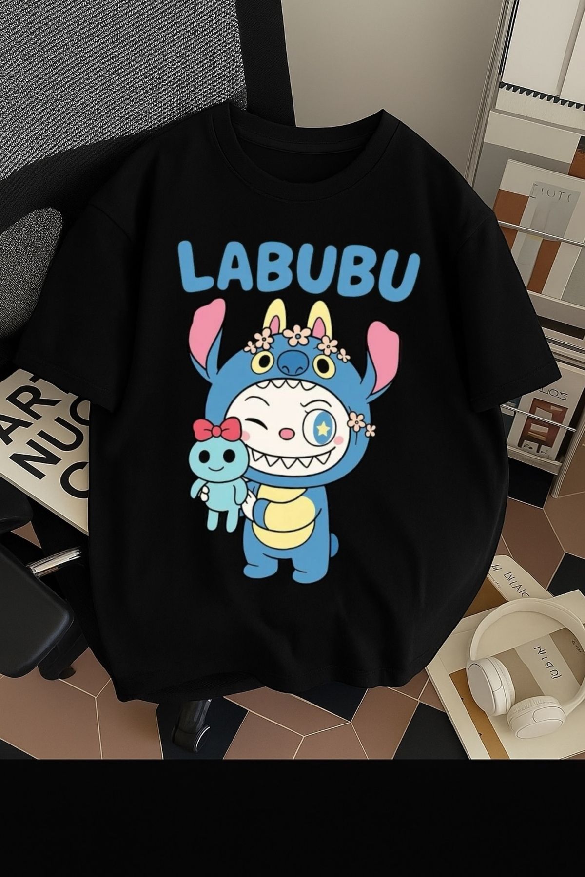 SOHR Unisex Erkek/Kadın Labubu Stitch Renkli Baskılı Oversize Pamuklu T-Shirt